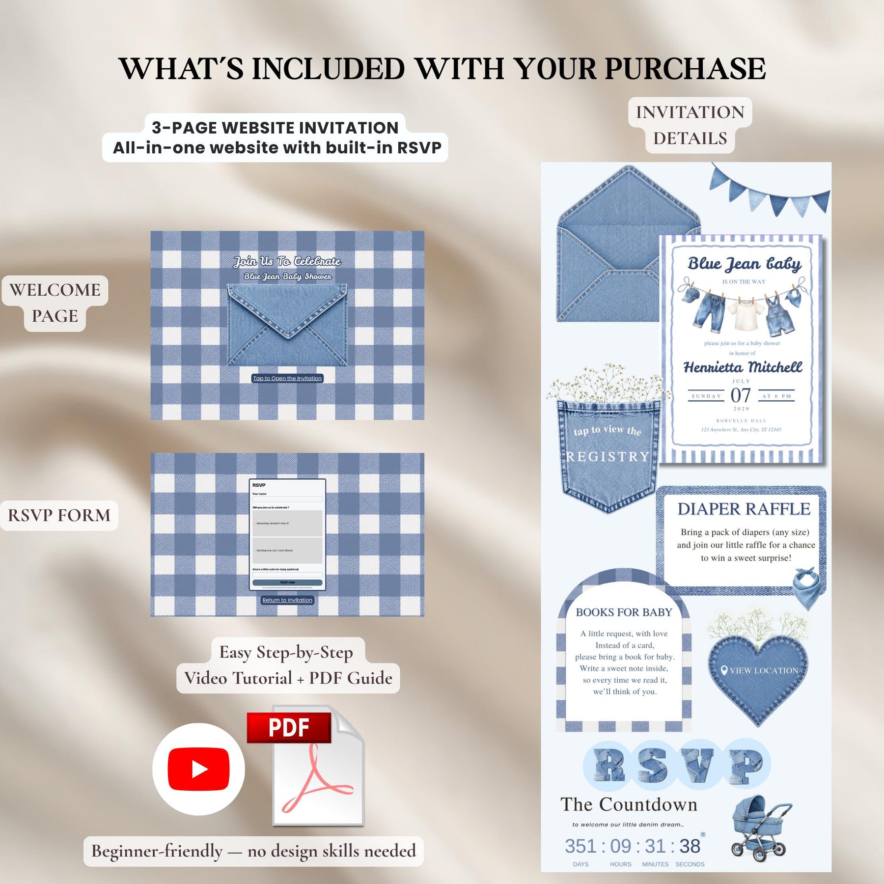 Blue Jean Baby Website Invitation Template with RSVP | Editable Canva Baby Shower Invite, Denim Theme Digital Invitation