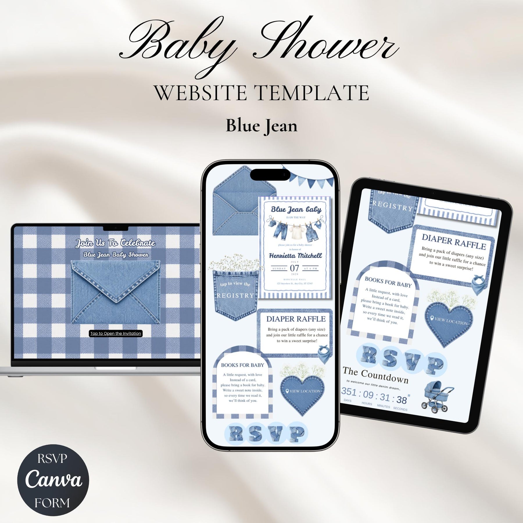 Blue Jean Baby Website Invitation Template with RSVP | Editable Canva Baby Shower Invite, Denim Theme Digital Invitation