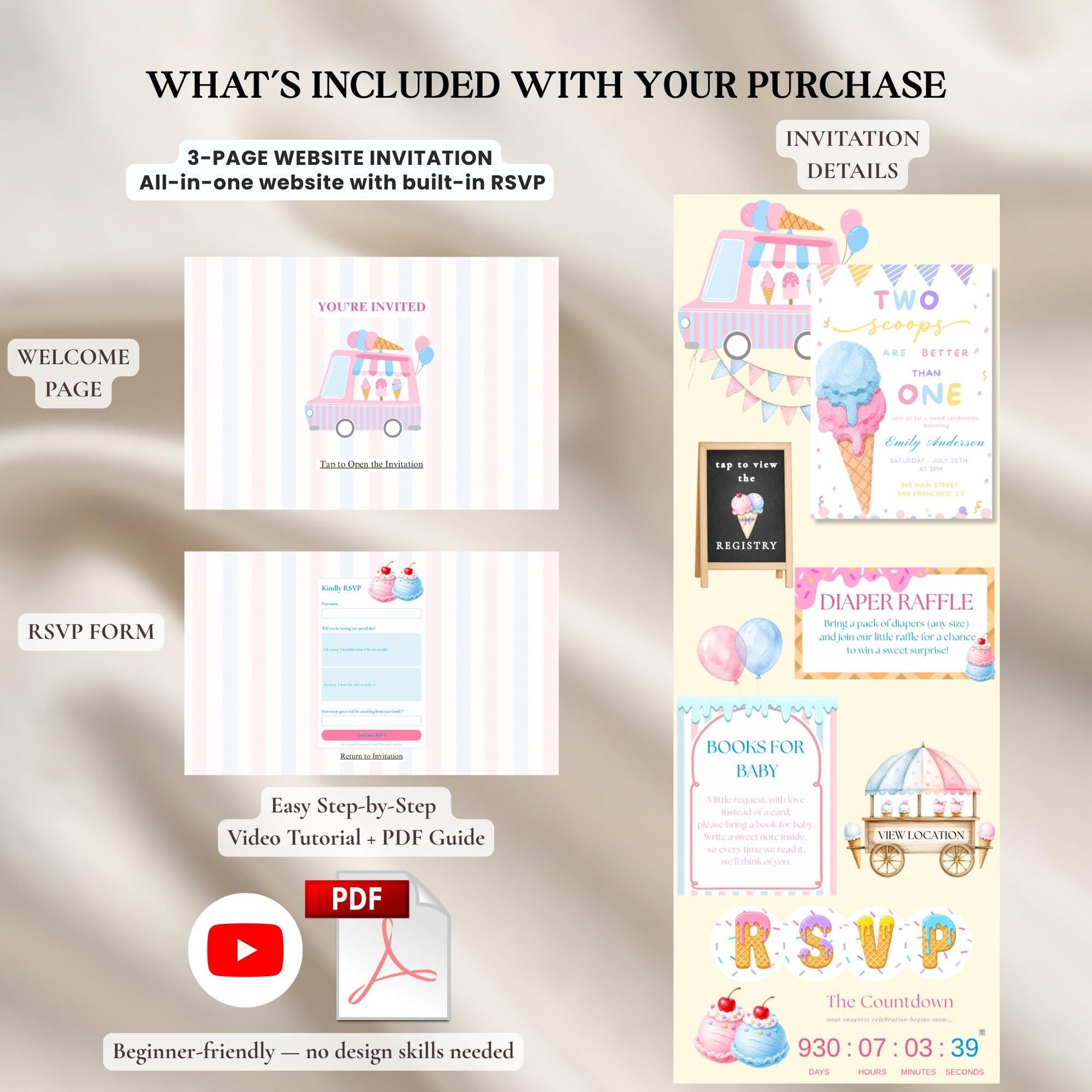 Two Scoops Are Better Than One Baby Shower Invitation Template, Ice Cream Baby Shower Website Invite, Editable Canva Invite with RSVP