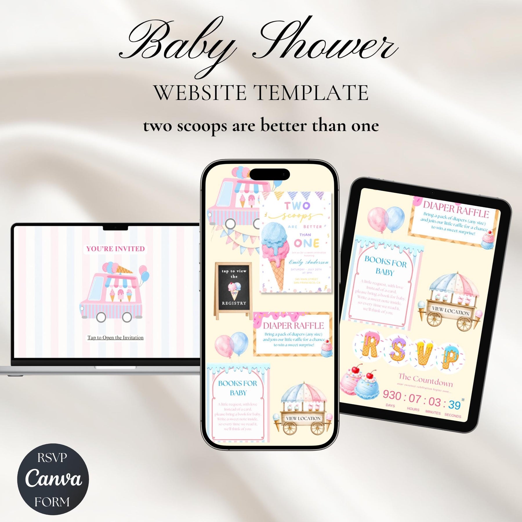 Two Scoops Are Better Than One Baby Shower Invitation Template, Ice Cream Baby Shower Website Invite, Editable Canva Invite with RSVP