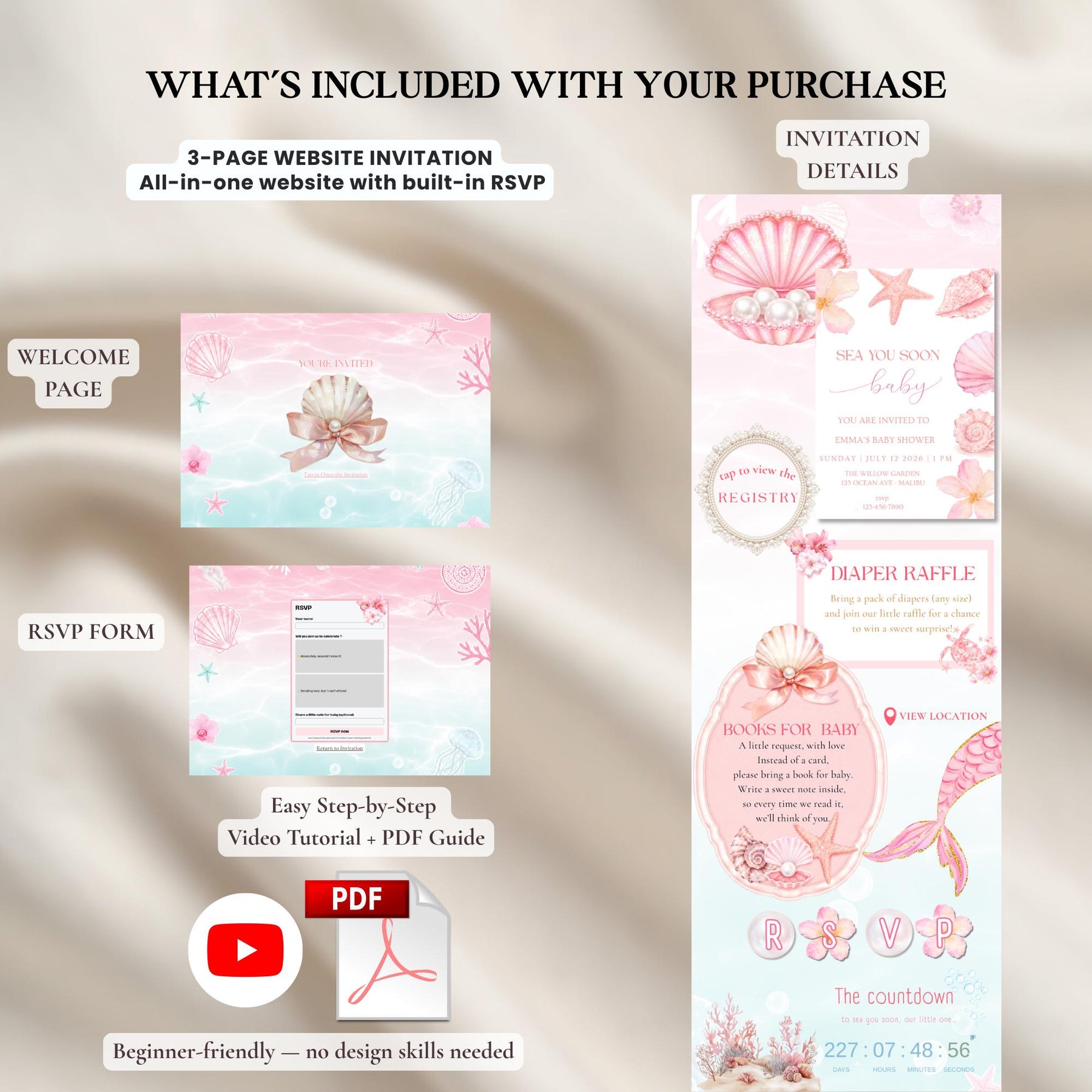 Sea You Soon Baby Shower Website Invitation with RSVP | Editable Canva Mermaid Invite, Girl Baby Shower Digital Invite, Mobile Friendly