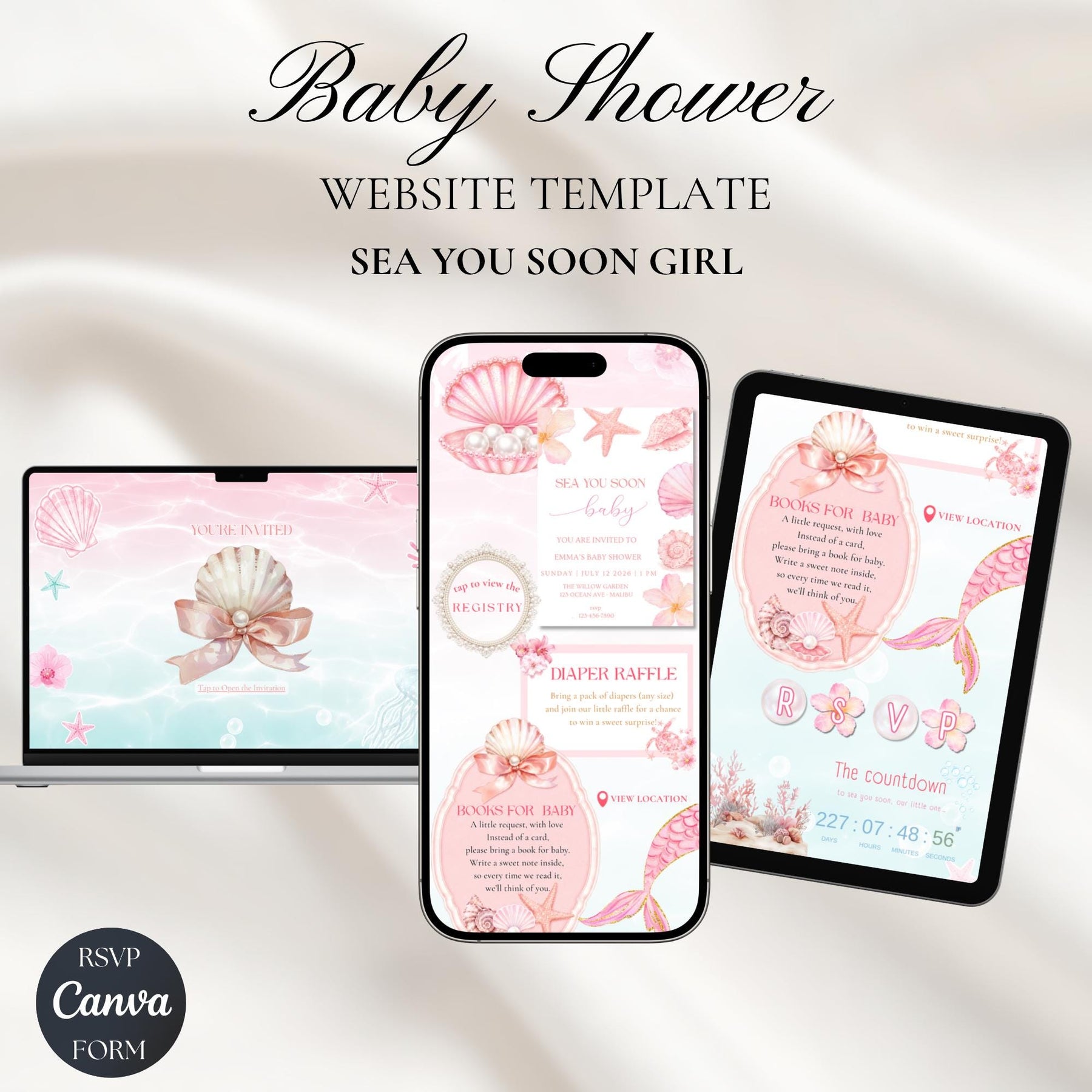 Sea You Soon Baby Shower Website Invitation with RSVP | Editable Canva Mermaid Invite, Girl Baby Shower Digital Invite, Mobile Friendly