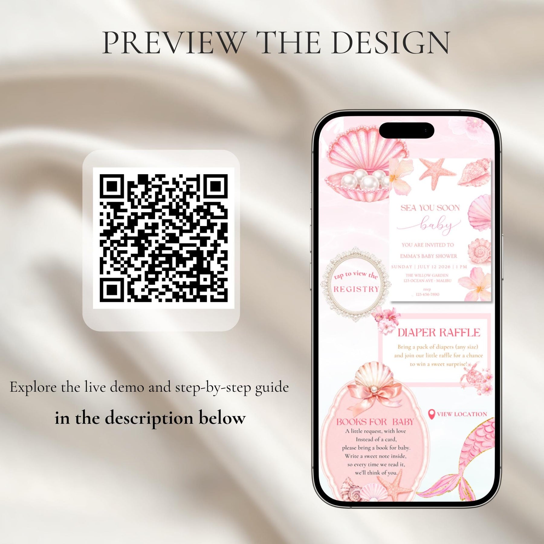 Sea You Soon Baby Shower Website Invitation with RSVP | Editable Canva Mermaid Invite, Girl Baby Shower Digital Invite, Mobile Friendly