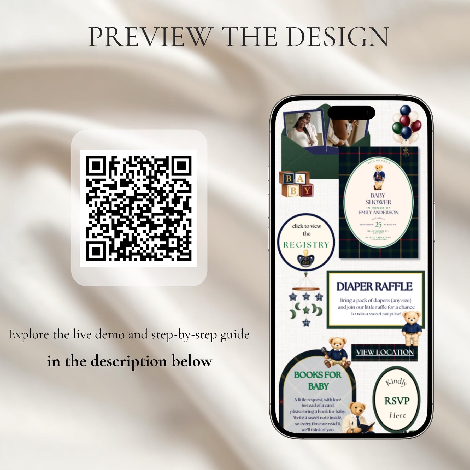 Preppy Bear Baby Shower Website Invite, Editable Canva RSVP Template, Navy Green Tartan Teddy Bear Invitation, Digital Baby Boy Invite
