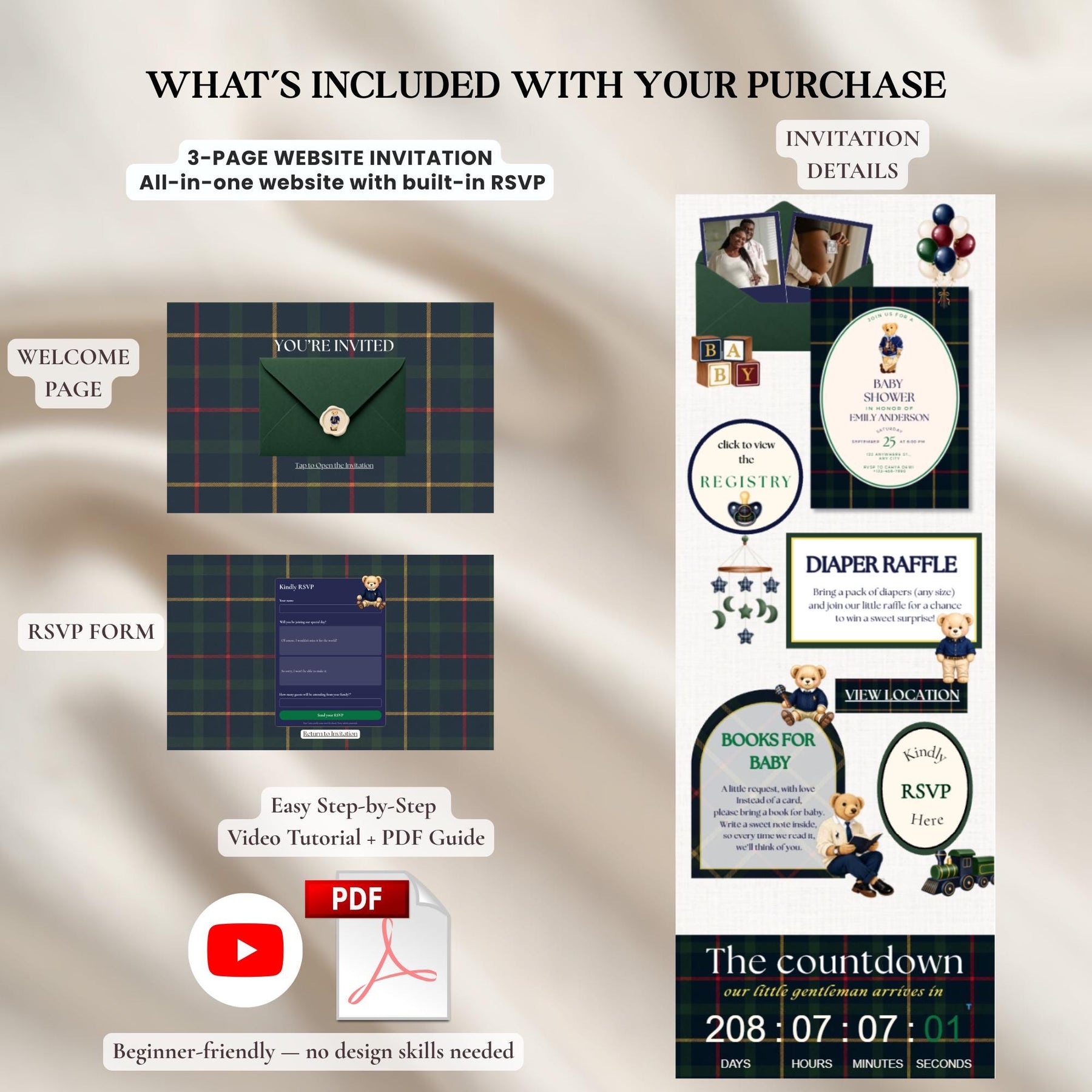 Preppy Bear Baby Shower Website Invite, Editable Canva RSVP Template, Navy Green Tartan Teddy Bear Invitation, Digital Baby Boy Invite
