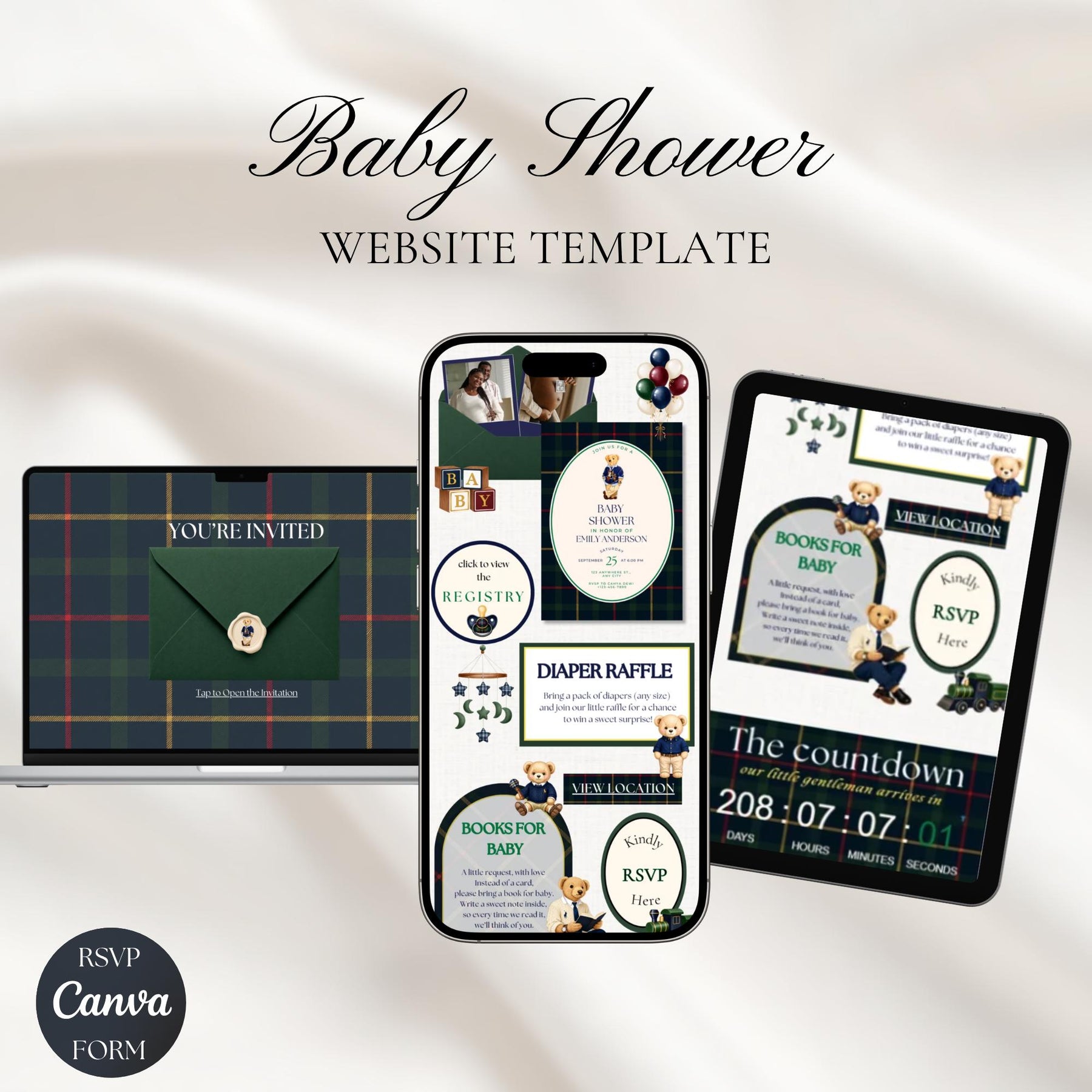 Preppy Bear Baby Shower Website Invite, Editable Canva RSVP Template, Navy Green Tartan Teddy Bear Invitation, Digital Baby Boy Invite