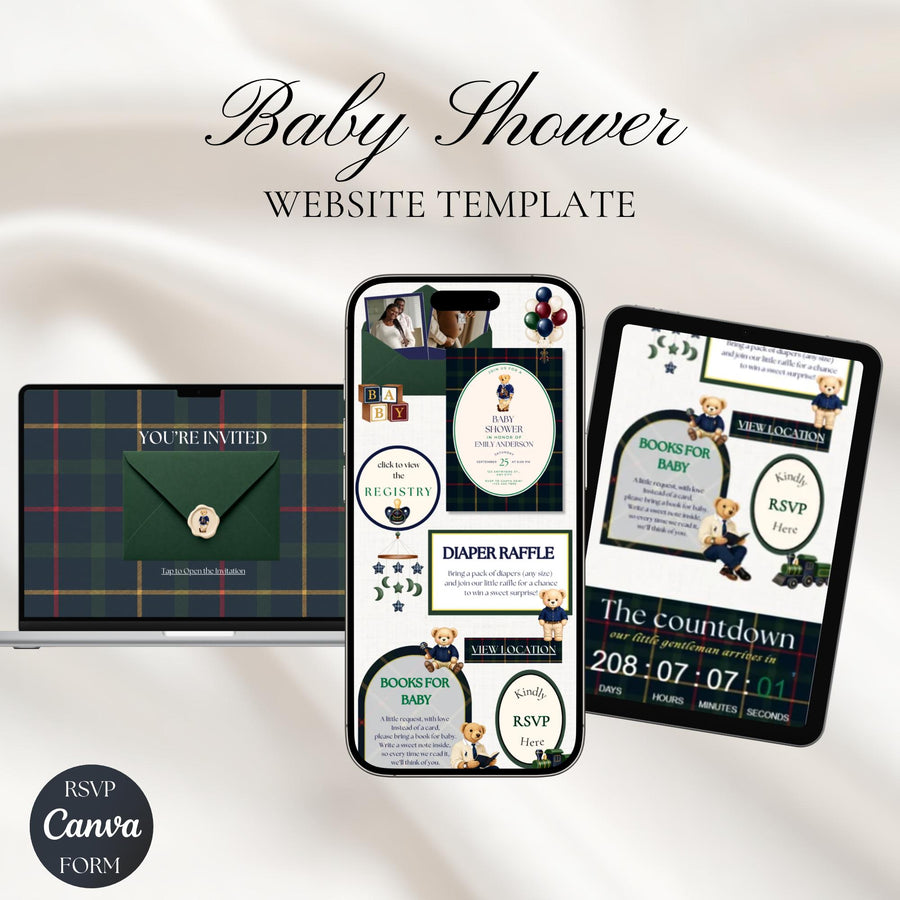 Preppy Bear Baby Shower Website Invite, Editable Canva RSVP Template, Navy Green Tartan Teddy Bear Invitation, Digital Baby Boy Invite