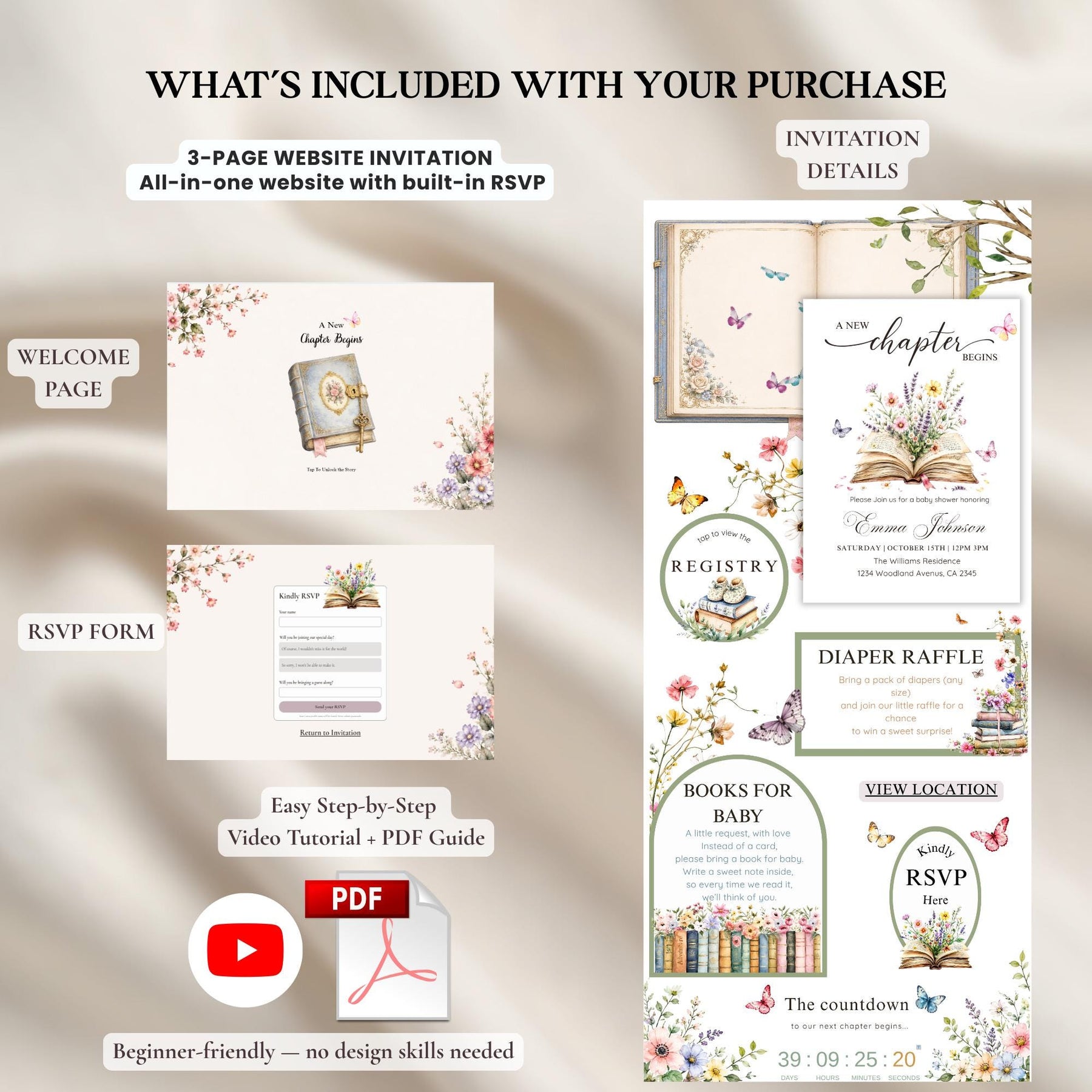 A New Chapter Begins Storybook Baby Shower Website Invitation, Editable Canva Template, Digital RSVP