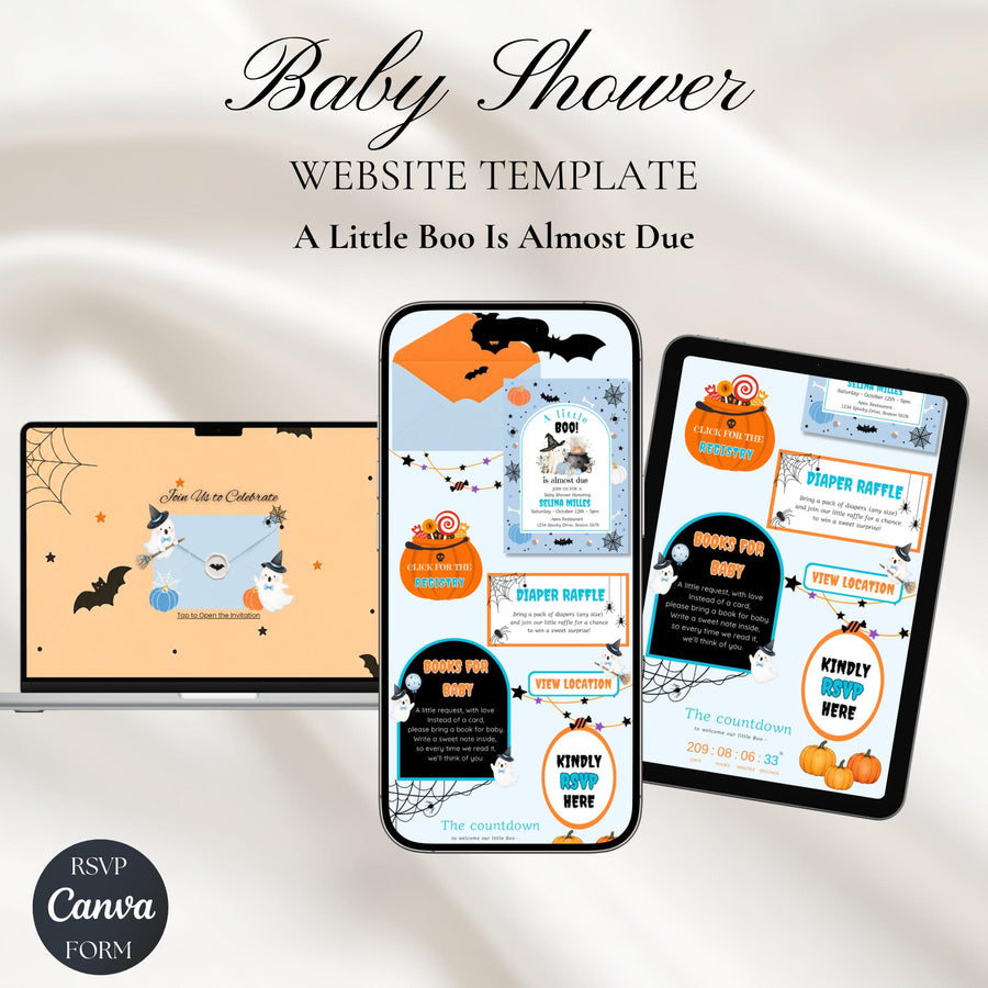 A Little Boo Is Almost Due Baby Shower Invitation Website with RSVP | Editable Halloween Canva Invite Template