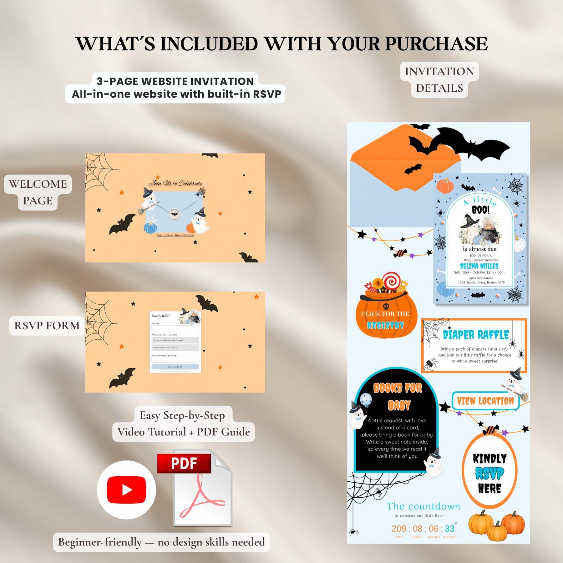 A Little Boo Is Almost Due Baby Shower Invitation Website with RSVP | Editable Halloween Canva Invite Template