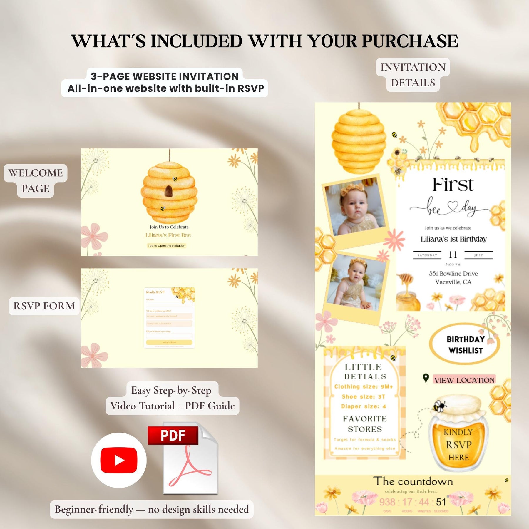 First Bee Day Birthday Invitation Website with RSVP | Bee Birthday Invite, Editable Canva Template, Honey Bee 1st Birthday