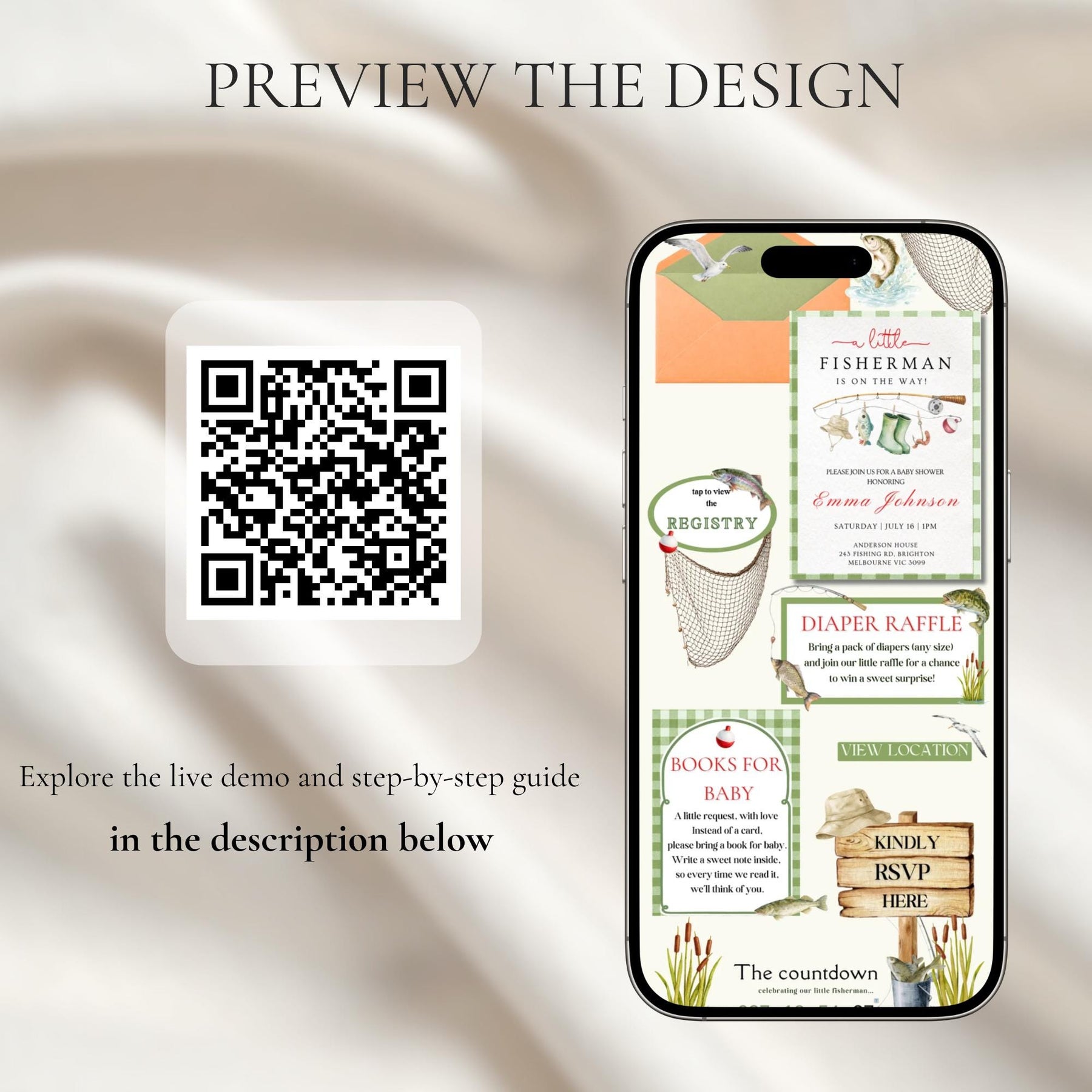 Fishing Baby Shower Website Invitation with RSVP, Editable Canva Template, Fisherman Baby Shower Invite, Boy Baby Shower Invitation