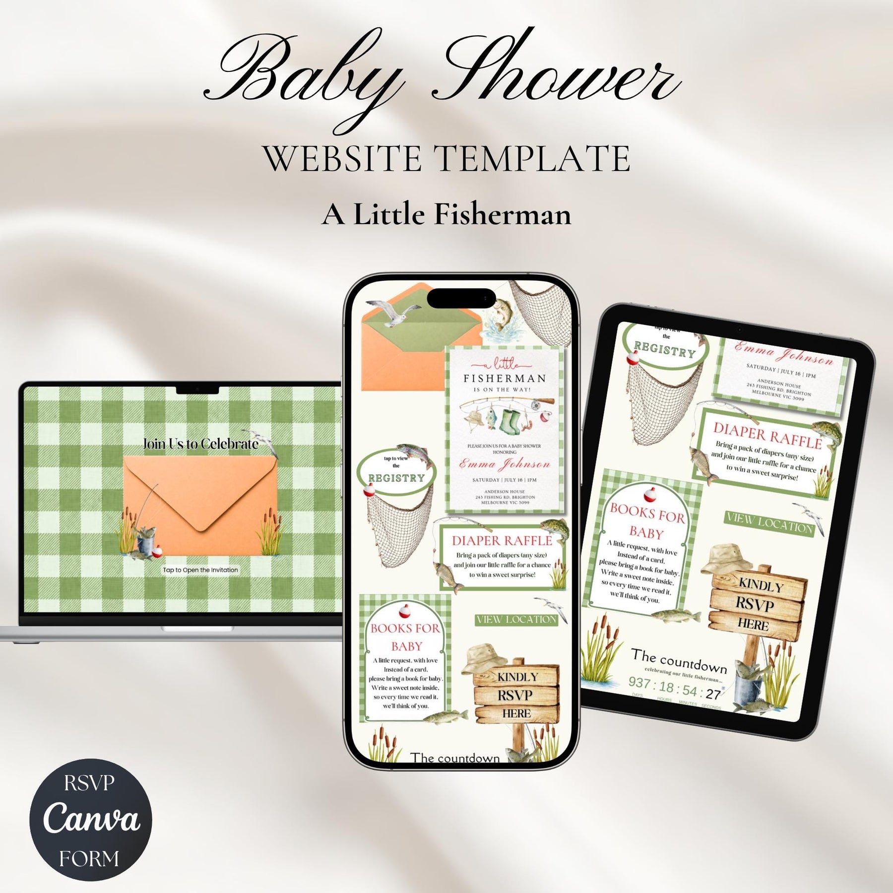 Fishing Baby Shower Website Invitation with RSVP, Editable Canva Template, Fisherman Baby Shower Invite, Boy Baby Shower Invitation