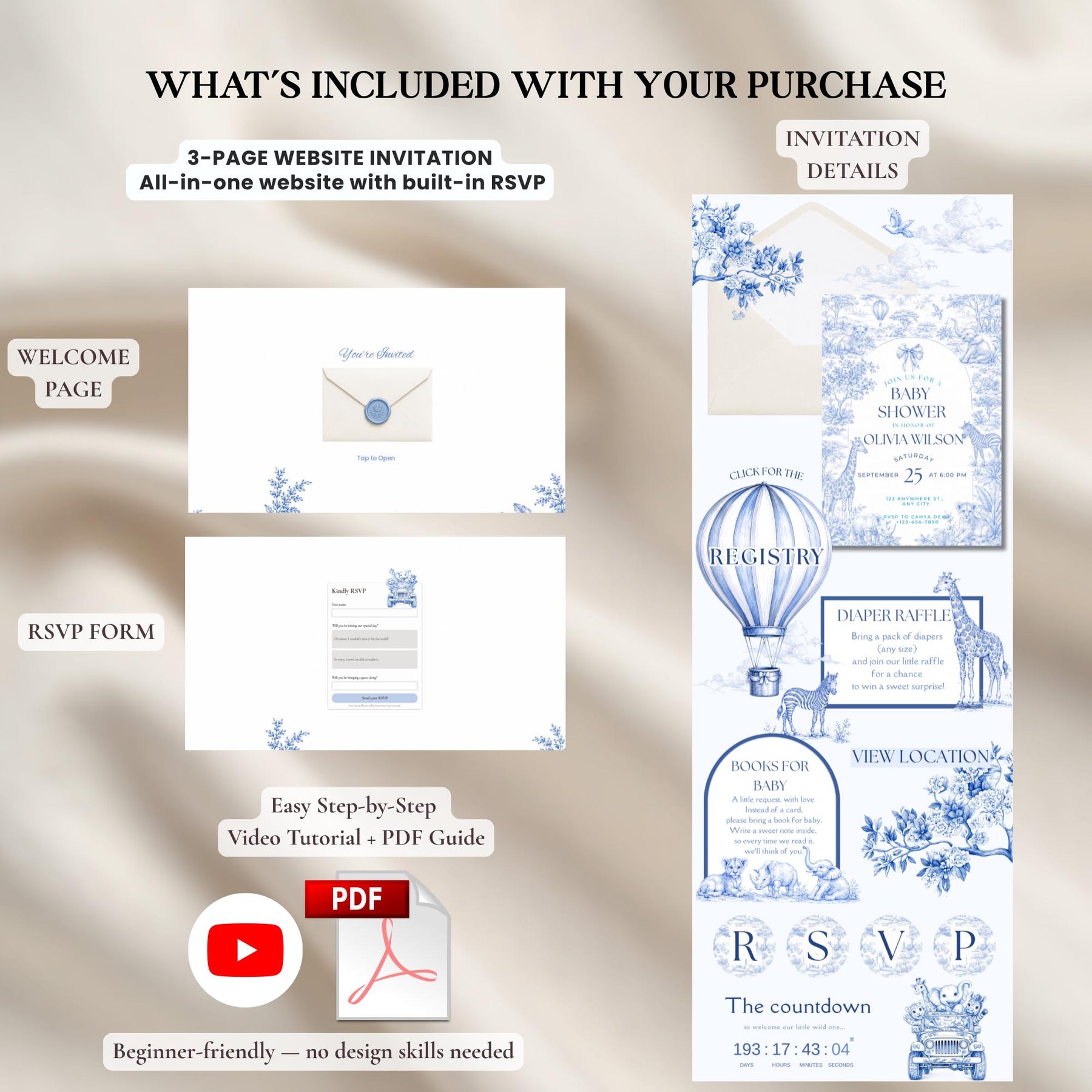 Blue Toile Safari Baby Shower Website Invitation, Editable Canva Baby Shower Invite with RSVP, Safari Animal Baby Shower Template