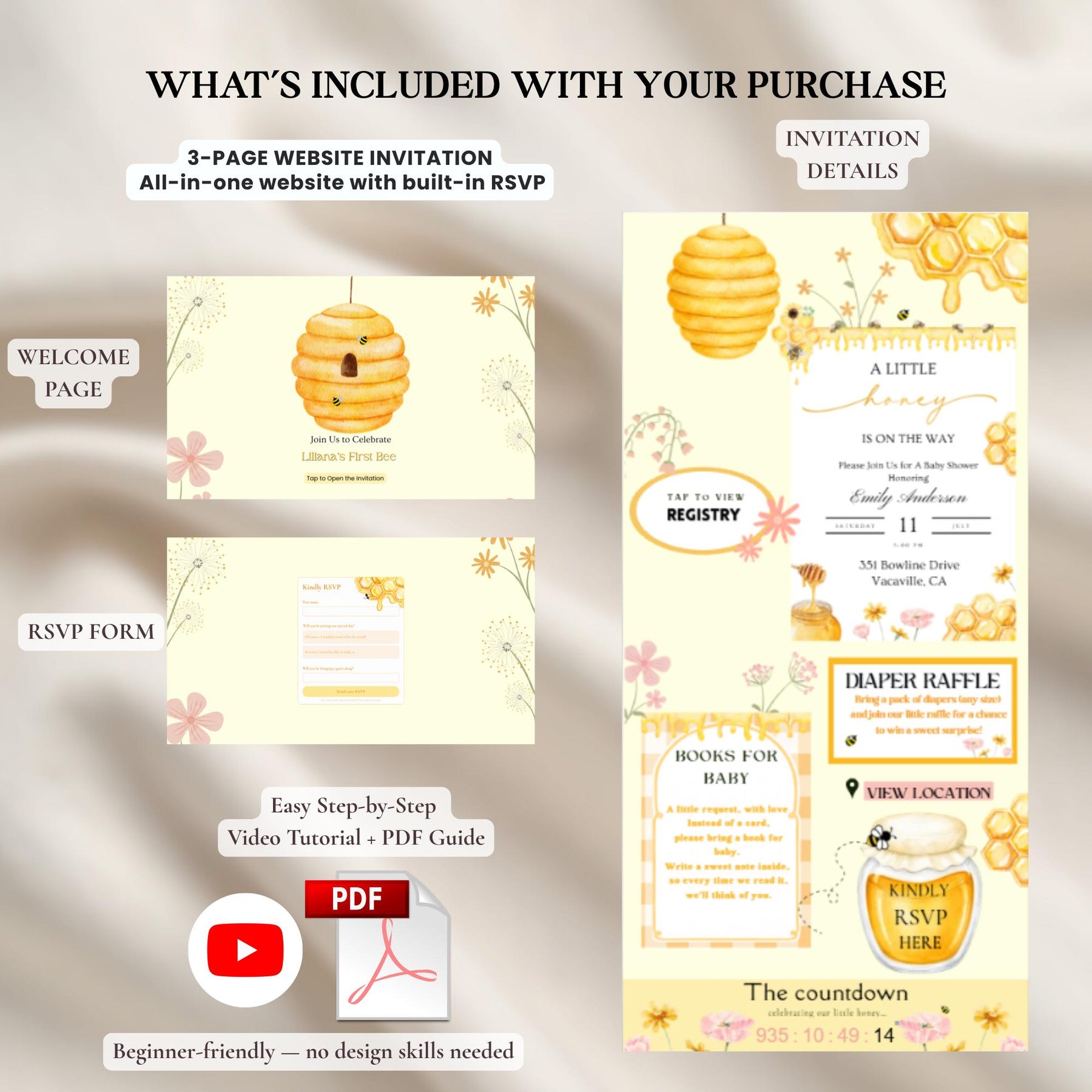 A Little Honey Is On The Way Baby Shower Invitation Website with RSVP, Editable Canva Template, Bee Baby Shower Invite
