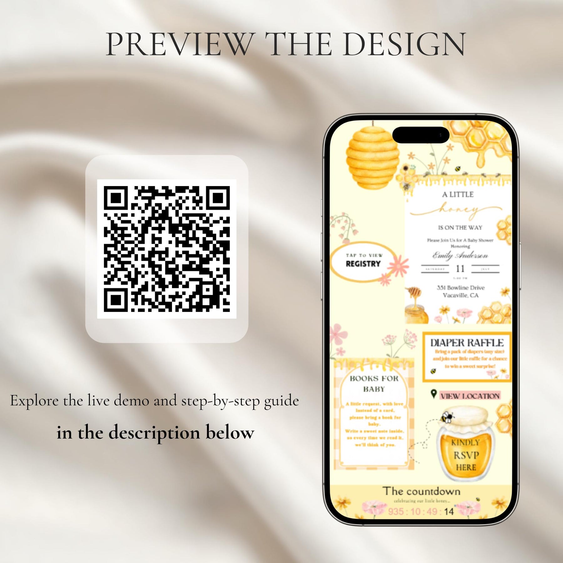 A Little Honey Is On The Way Baby Shower Invitation Website with RSVP, Editable Canva Template, Bee Baby Shower Invite