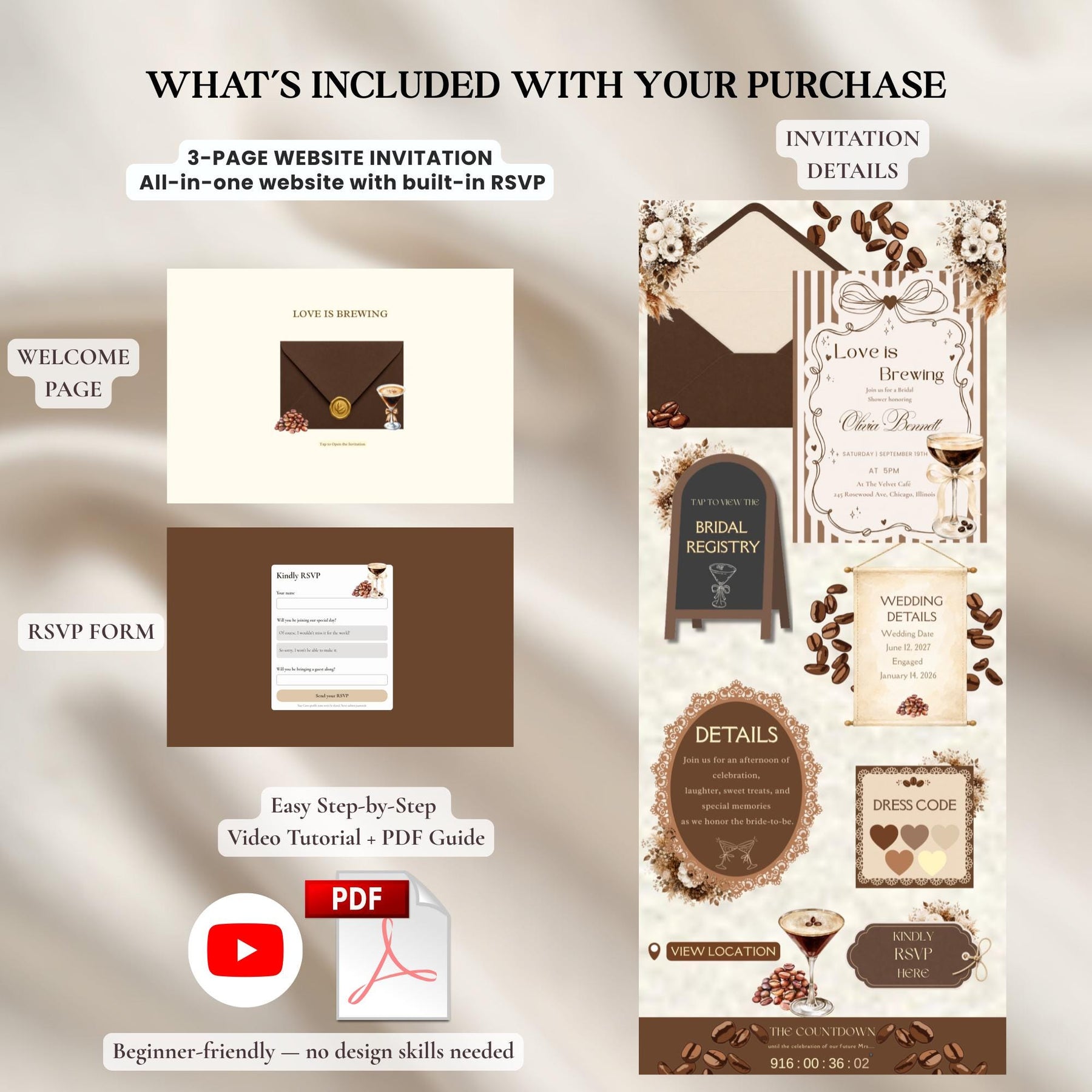 Love is Brewing Bridal Shower Invitation Template | Coffee Theme Bridal Shower Invite | Editable Canva Invitation with RSVP