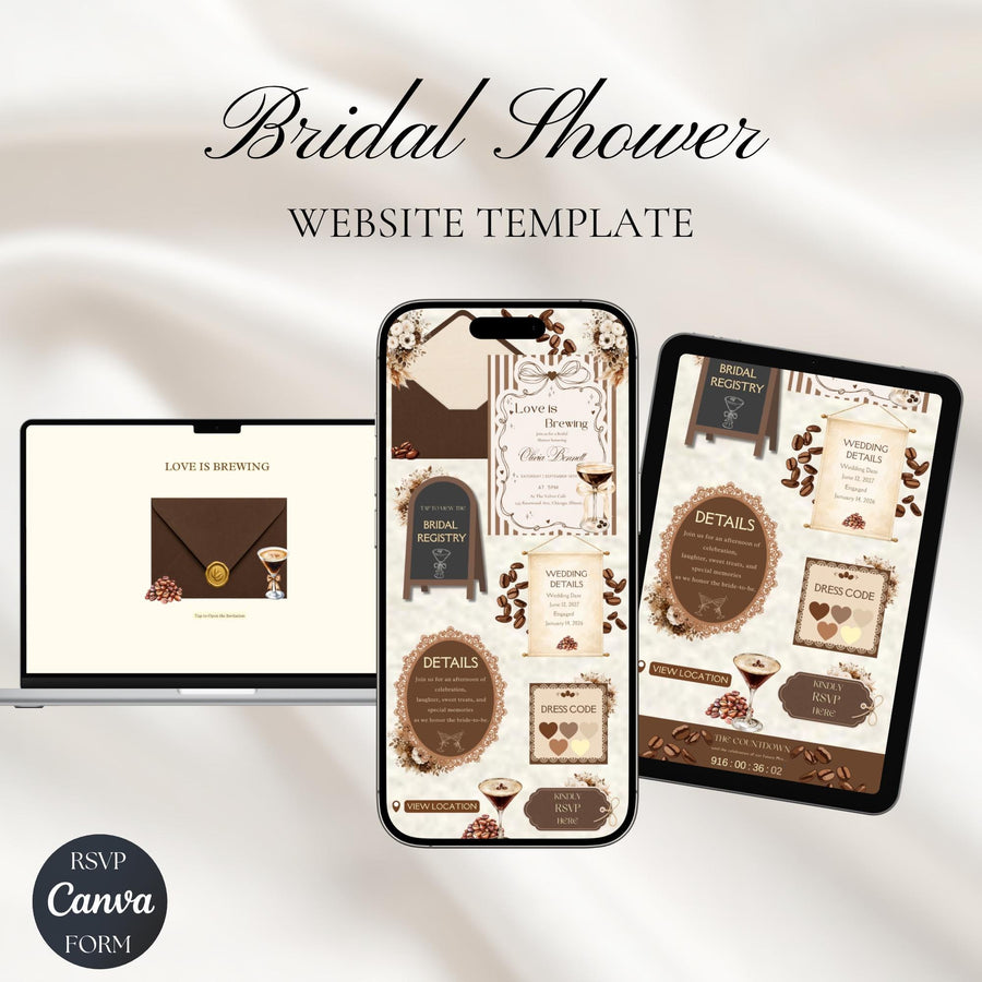 Love is Brewing Bridal Shower Invitation Template | Coffee Theme Bridal Shower Invite | Editable Canva Invitation with RSVP