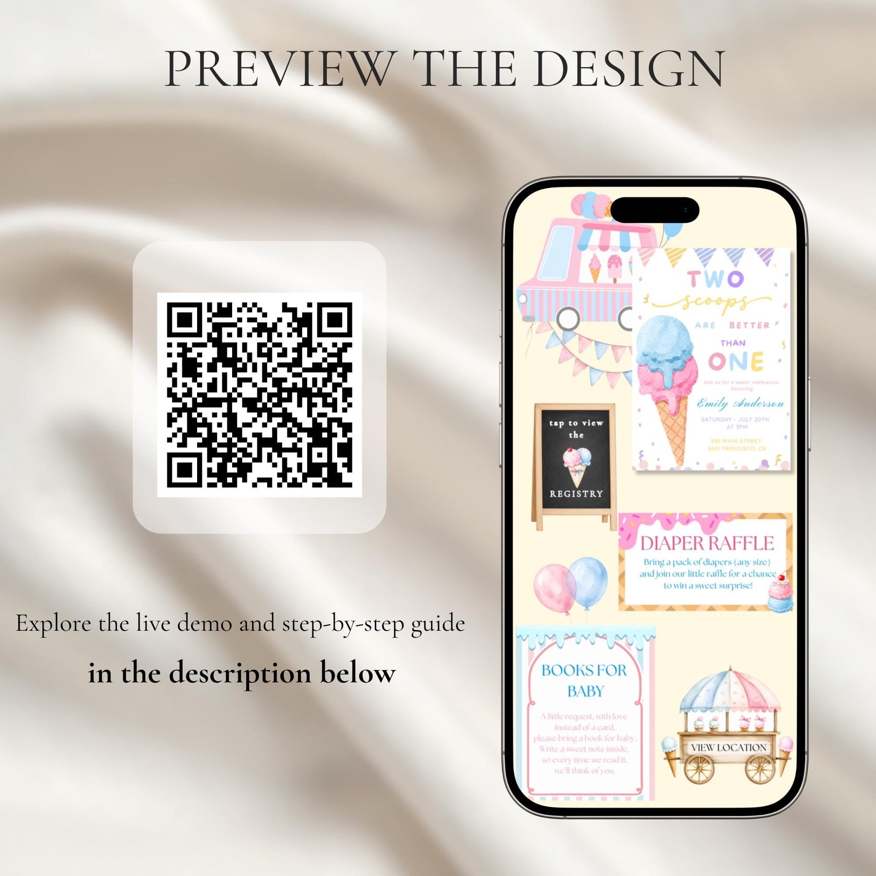 Two Scoops Are Better Than One Baby Shower Invitation Template, Ice Cream Baby Shower Website Invite, Editable Canva Invite with RSVP