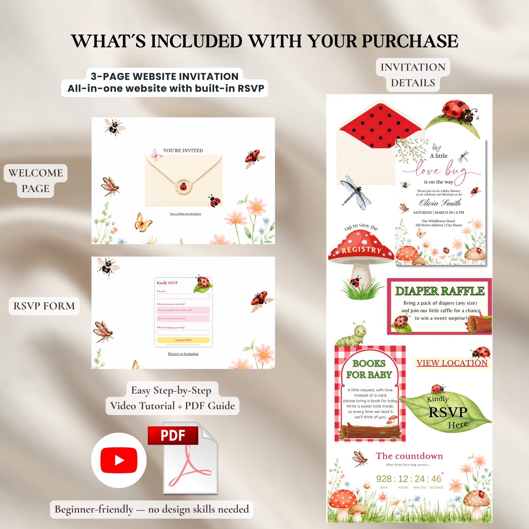 A Little Love Bug Is On The Way Baby Shower Invitation, Editable Website Invite Template, Ladybug Baby Shower Invite With RSVP