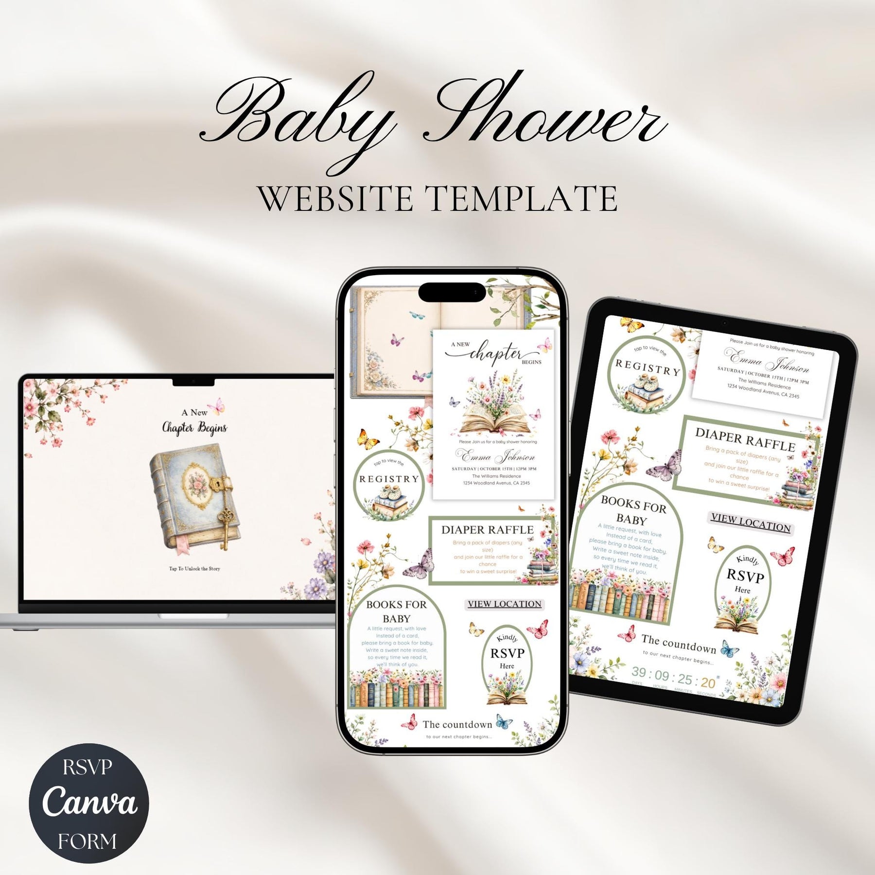 A New Chapter Begins Storybook Baby Shower Website Invitation, Editable Canva Template, Digital RSVP