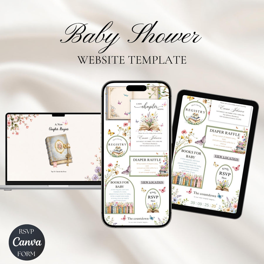 A New Chapter Begins Storybook Baby Shower Website Invitation, Editable Canva Template, Digital RSVP