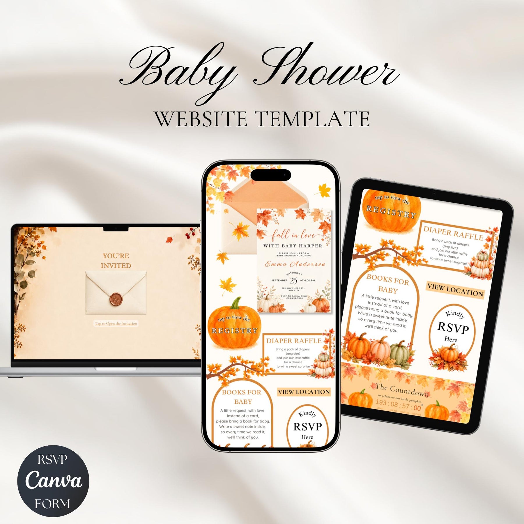 Fall Baby Shower Invitation Template, Falling in Love with Baby Shower, Autumn Baby Shower Invitation, Editable Canva Website Invite