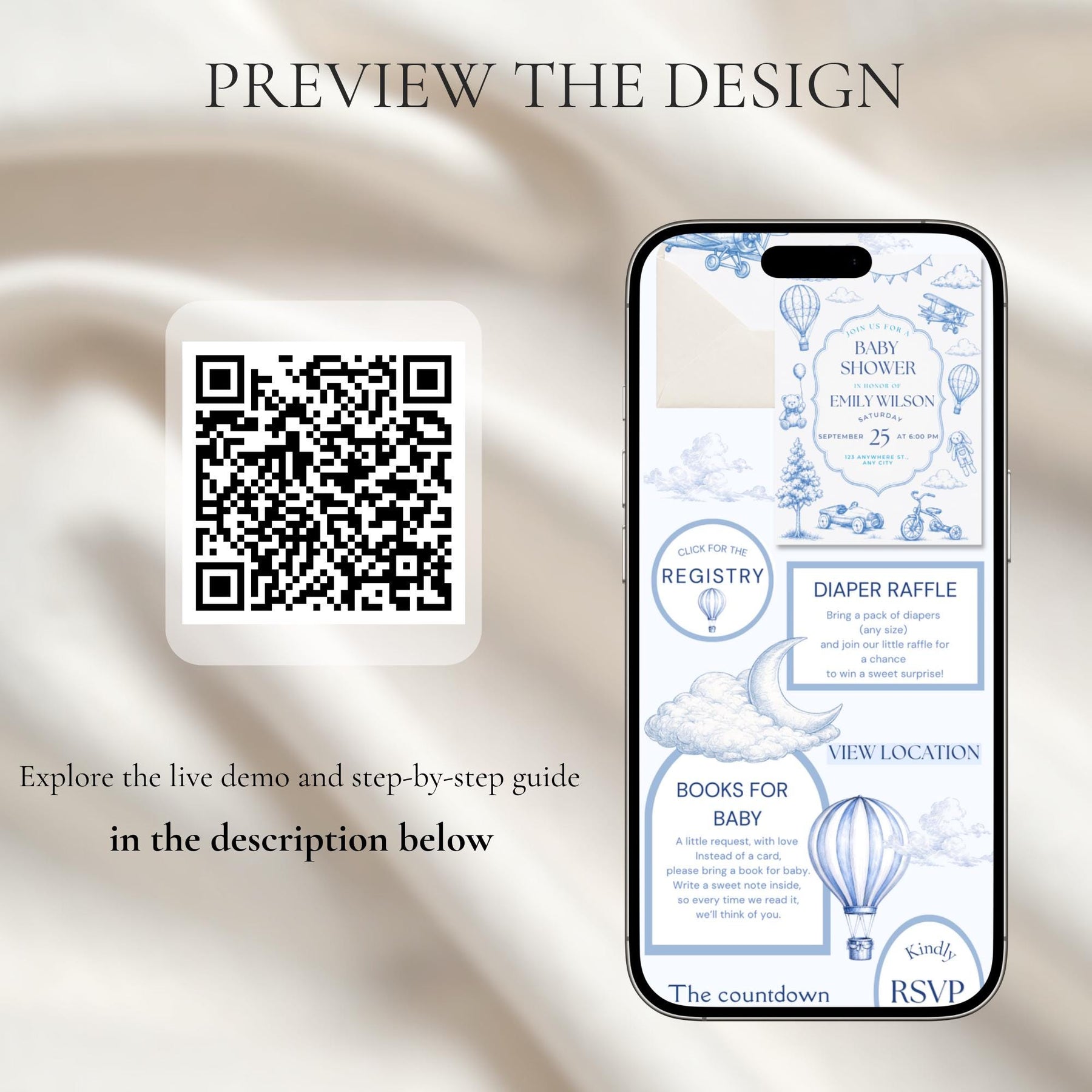 Blue Toile De Jouy Baby Shower Invitation | Elegant French Toile Canva Template | Website Invitation with RSVP