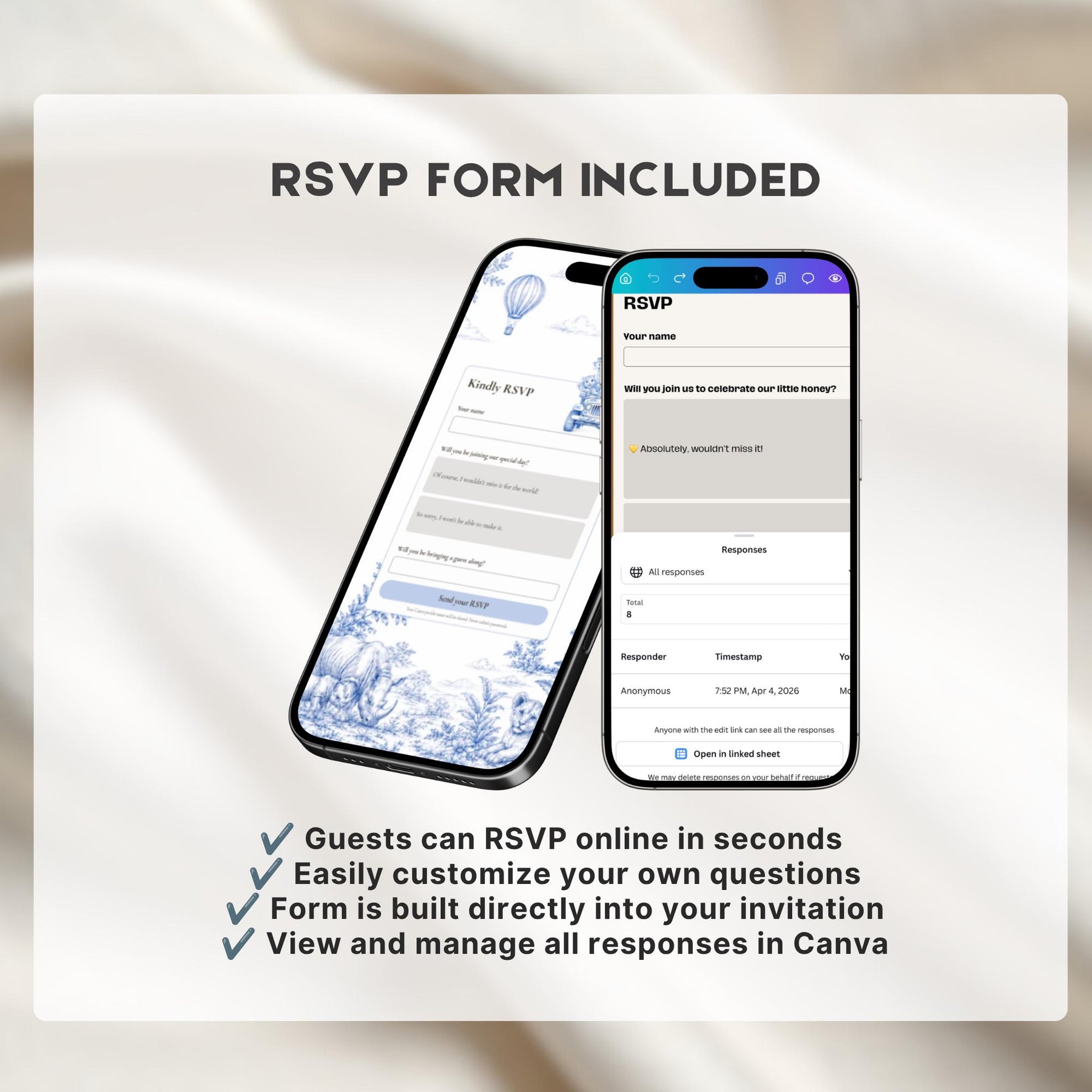 Blue Toile Safari Baby Shower Website Invitation, Editable Canva Baby Shower Invite with RSVP, Safari Animal Baby Shower Template