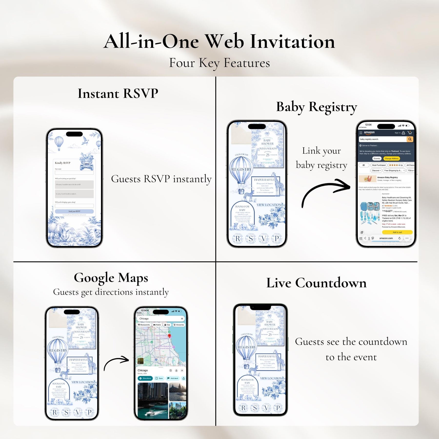 Blue Toile Safari Baby Shower Website Invitation, Editable Canva Baby Shower Invite with RSVP, Safari Animal Baby Shower Template