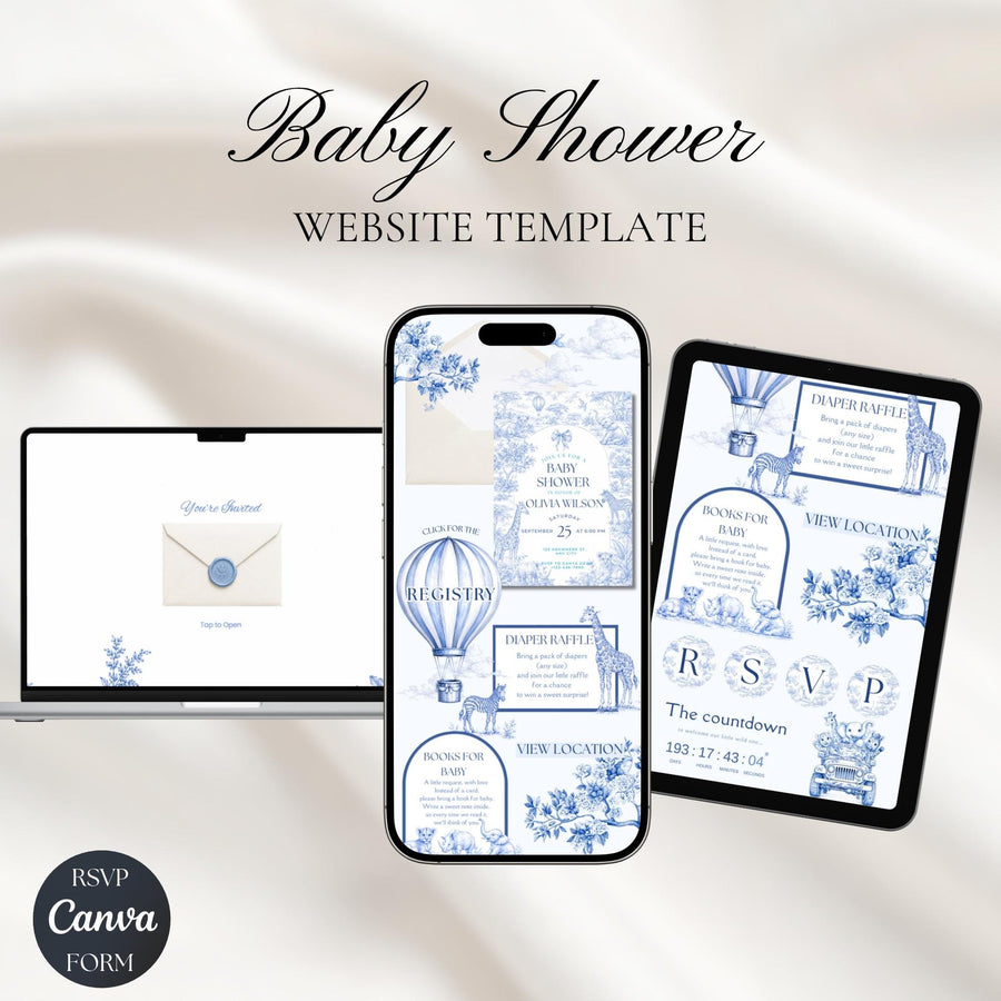 Blue Toile Safari Baby Shower Website Invitation, Editable Canva Baby Shower Invite with RSVP, Safari Animal Baby Shower Template