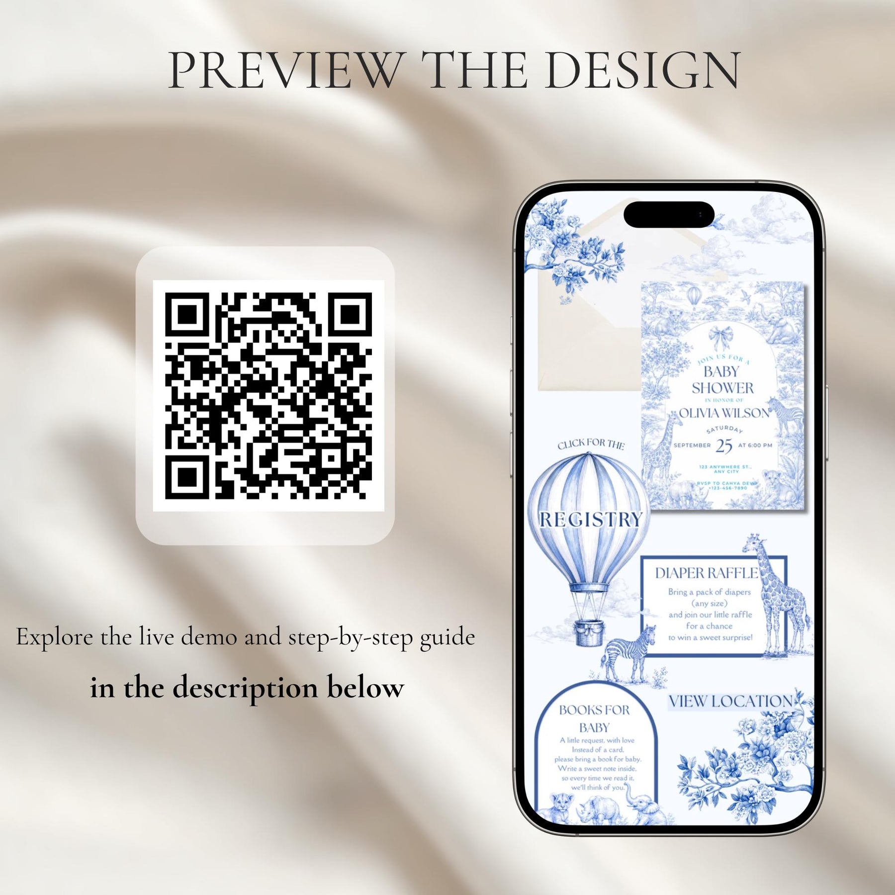 Blue Toile Safari Baby Shower Website Invitation, Editable Canva Baby Shower Invite with RSVP, Safari Animal Baby Shower Template