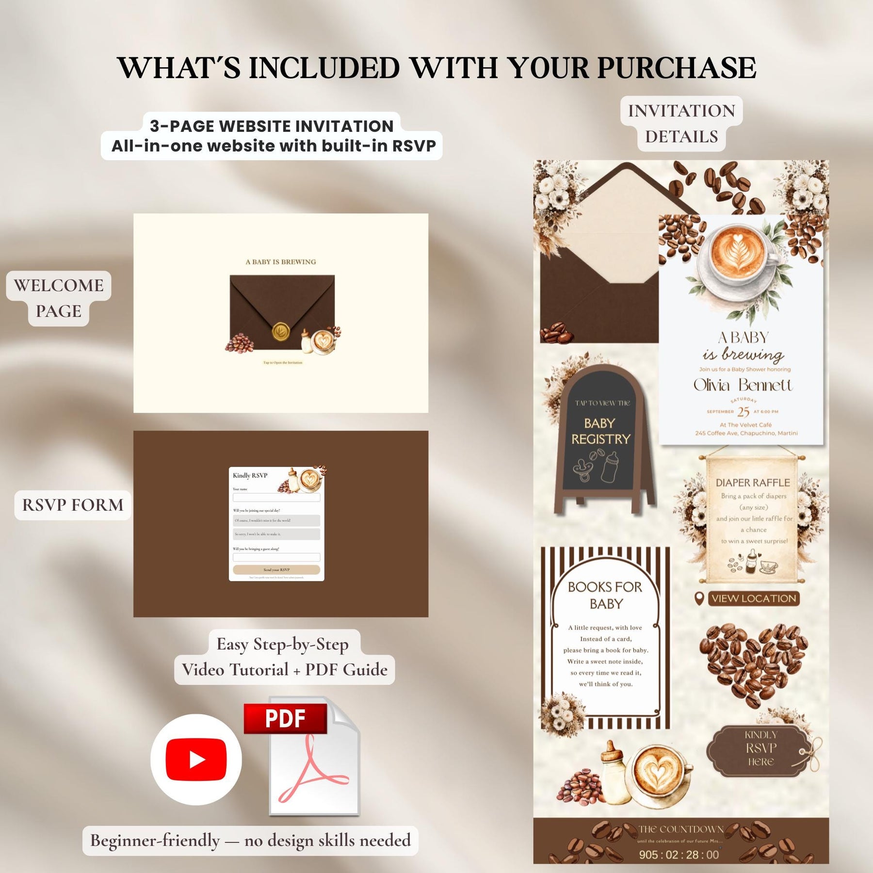 Coffee Baby Shower Invitation Website Template | A Baby Is Brewing Baby Shower Invitation | Editable Canva Website Invitation