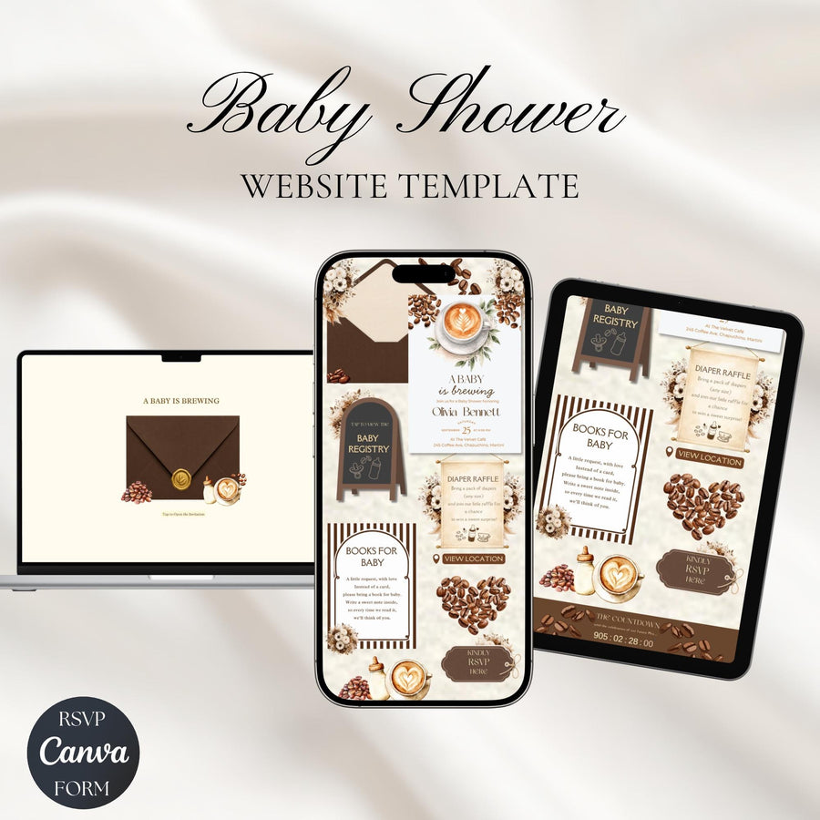 Coffee Baby Shower Invitation Website Template | A Baby Is Brewing Baby Shower Invitation | Editable Canva Website Invitation