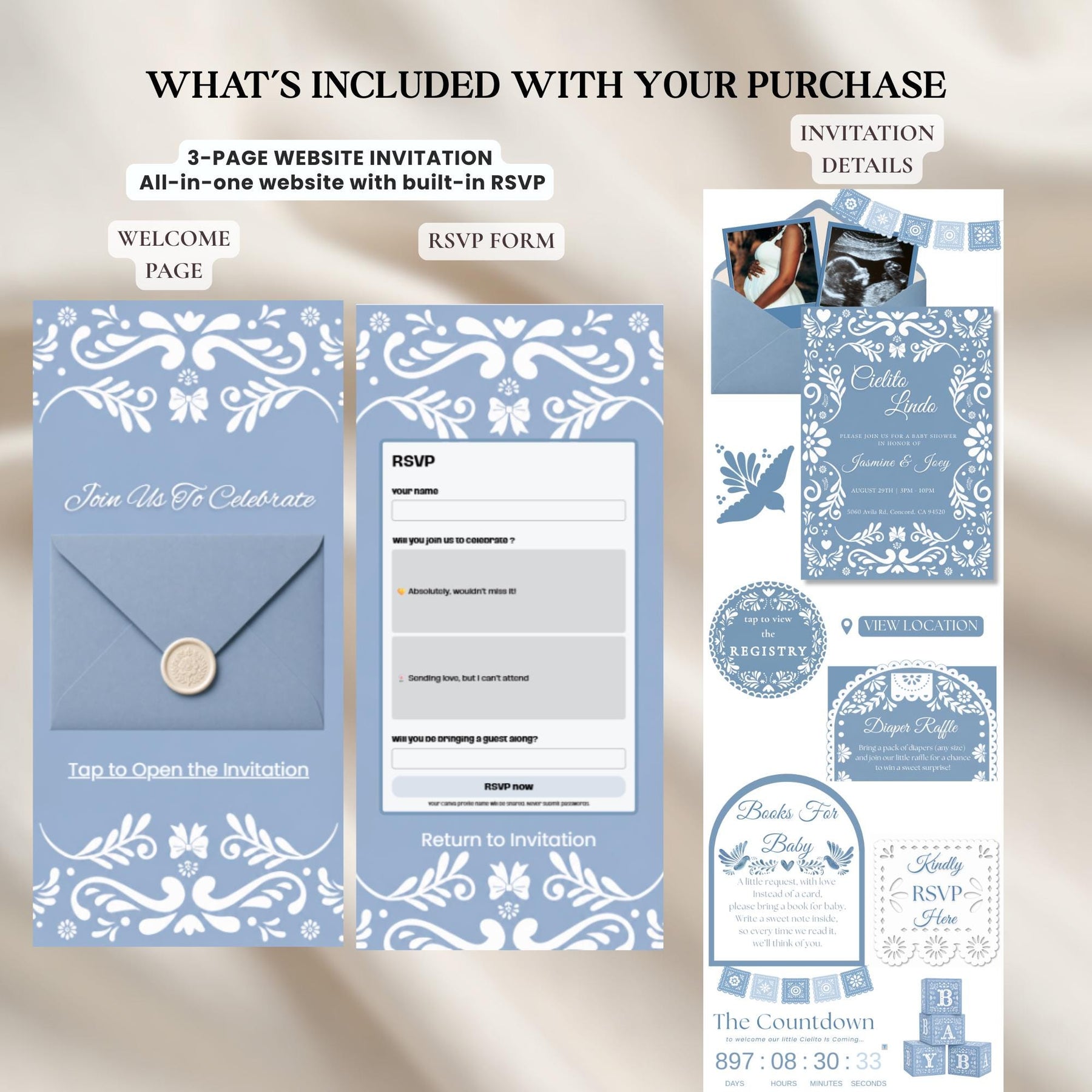 Cielito Lindo Baby Shower Invitation Website, Blue Mexican Theme Invite, Talavera & Papel Picado Digital Invitation with RSVP