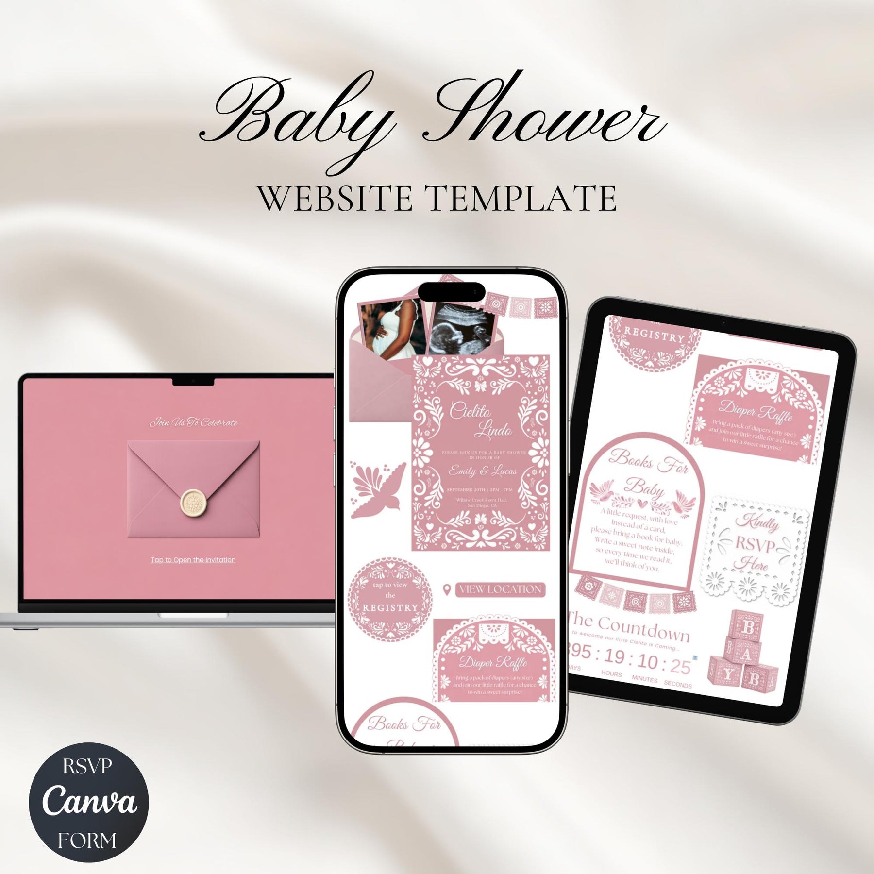 Pink Cielito Lindo Baby Shower Website Invitation, Mexican Baby Shower Invite Template, Editable Canva Design, RSVP, Papel Picado Theme