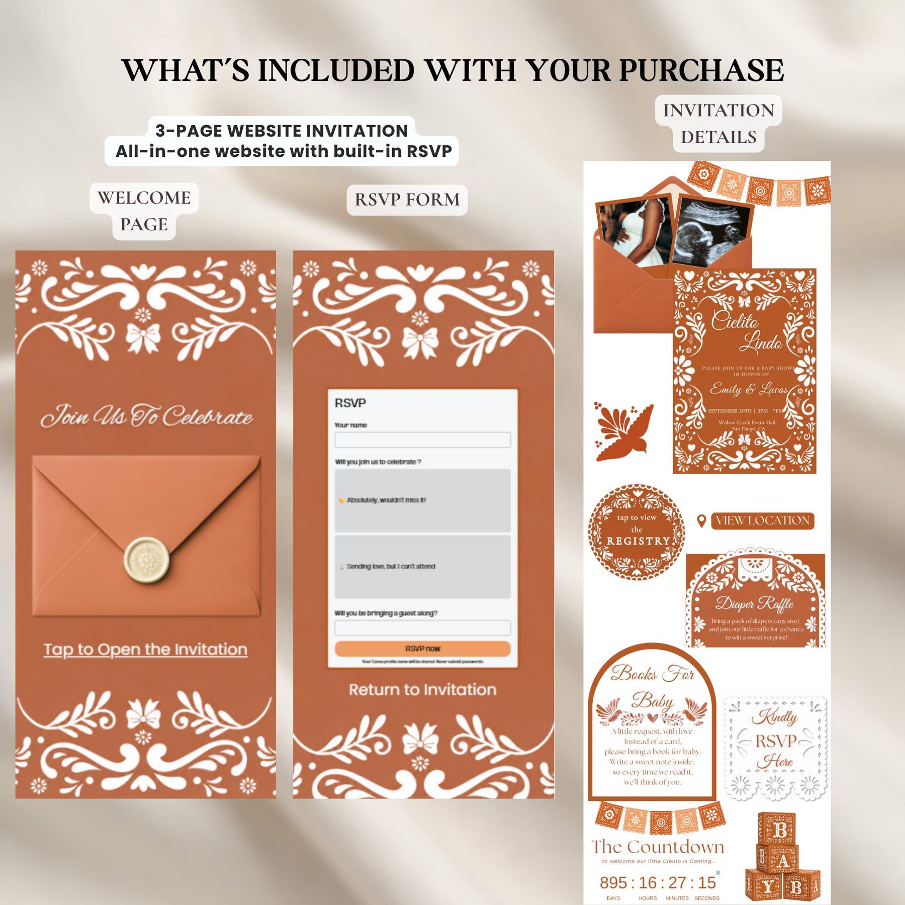 Cielito Lindo Baby Shower Website Invitation, Orange Mexican Invite, Editable Canva Template, RSVP, Papel Picado Theme