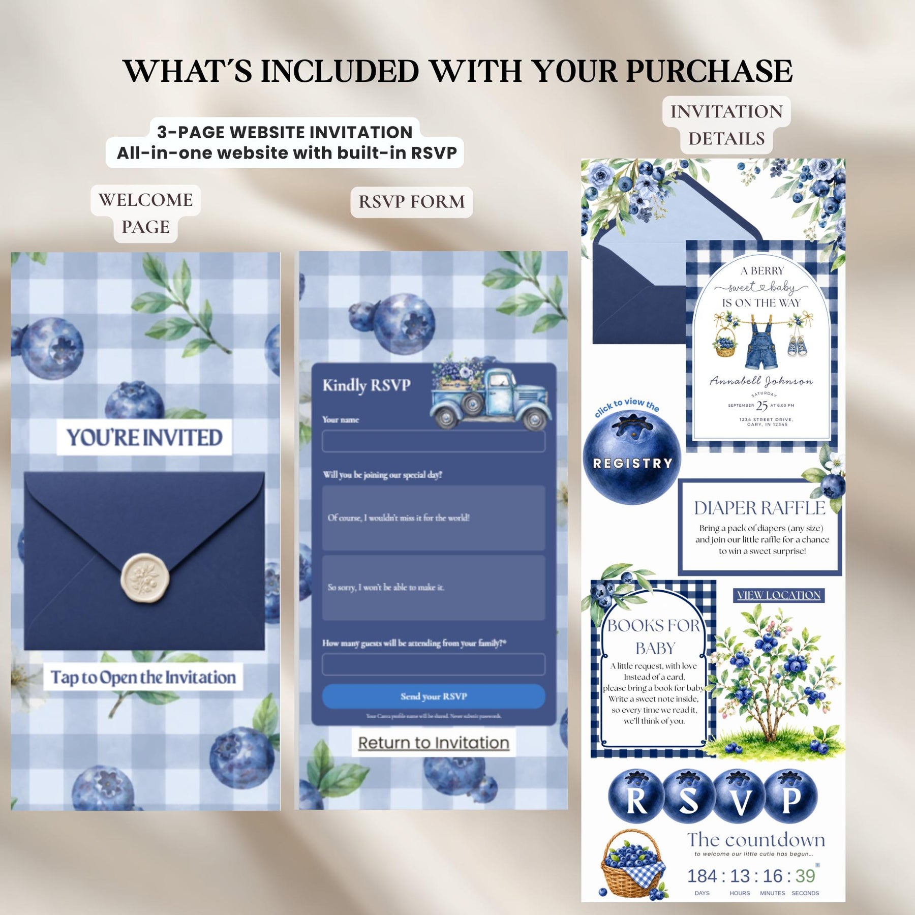 Berry Sweet Baby Shower Invitation Template, Editable Blueberry Baby Shower Invite, Canva Website Invitation with RSVP