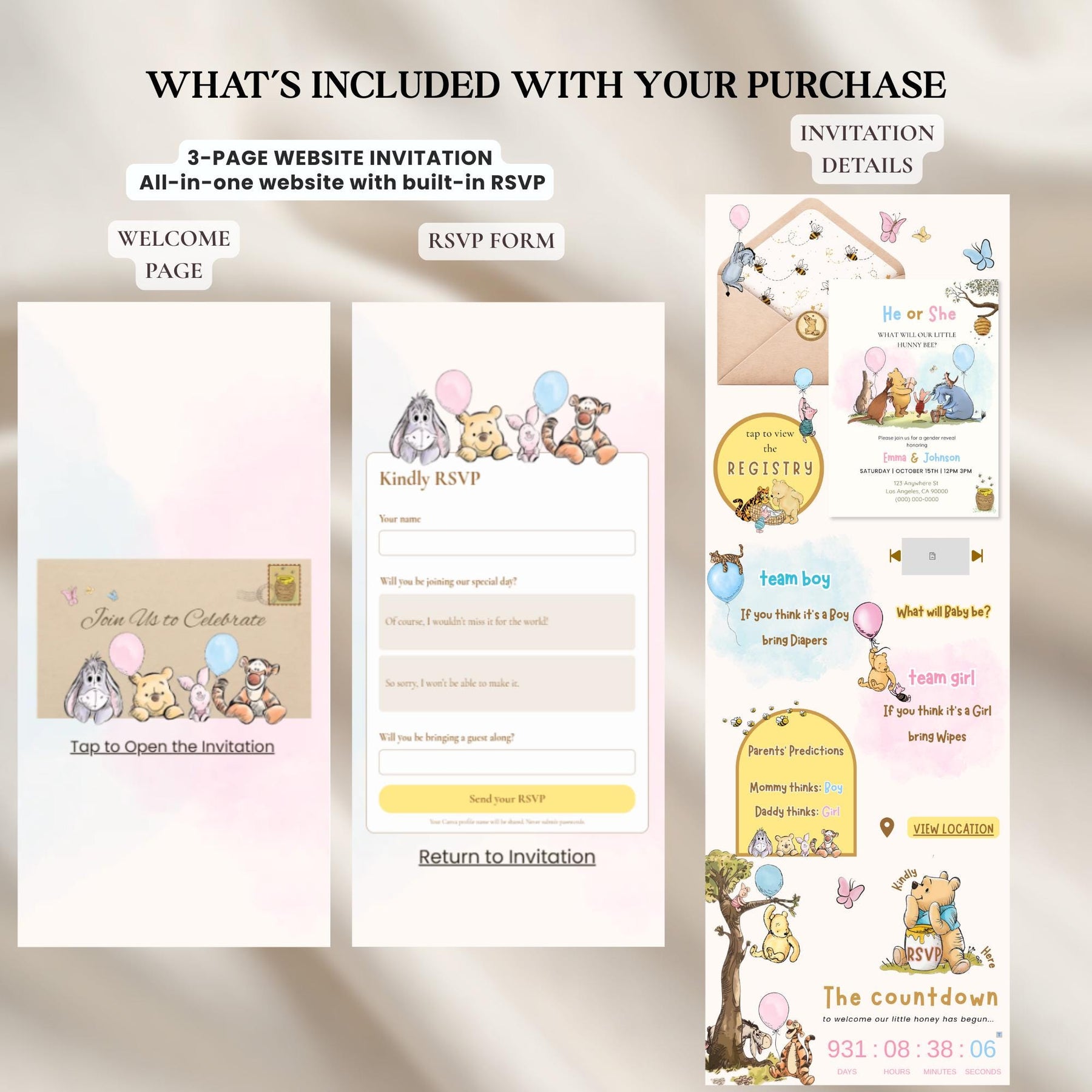 Winnie the Pooh Gender Reveal Invitation Website with RSVP | He or She Baby Shower | Digital Download