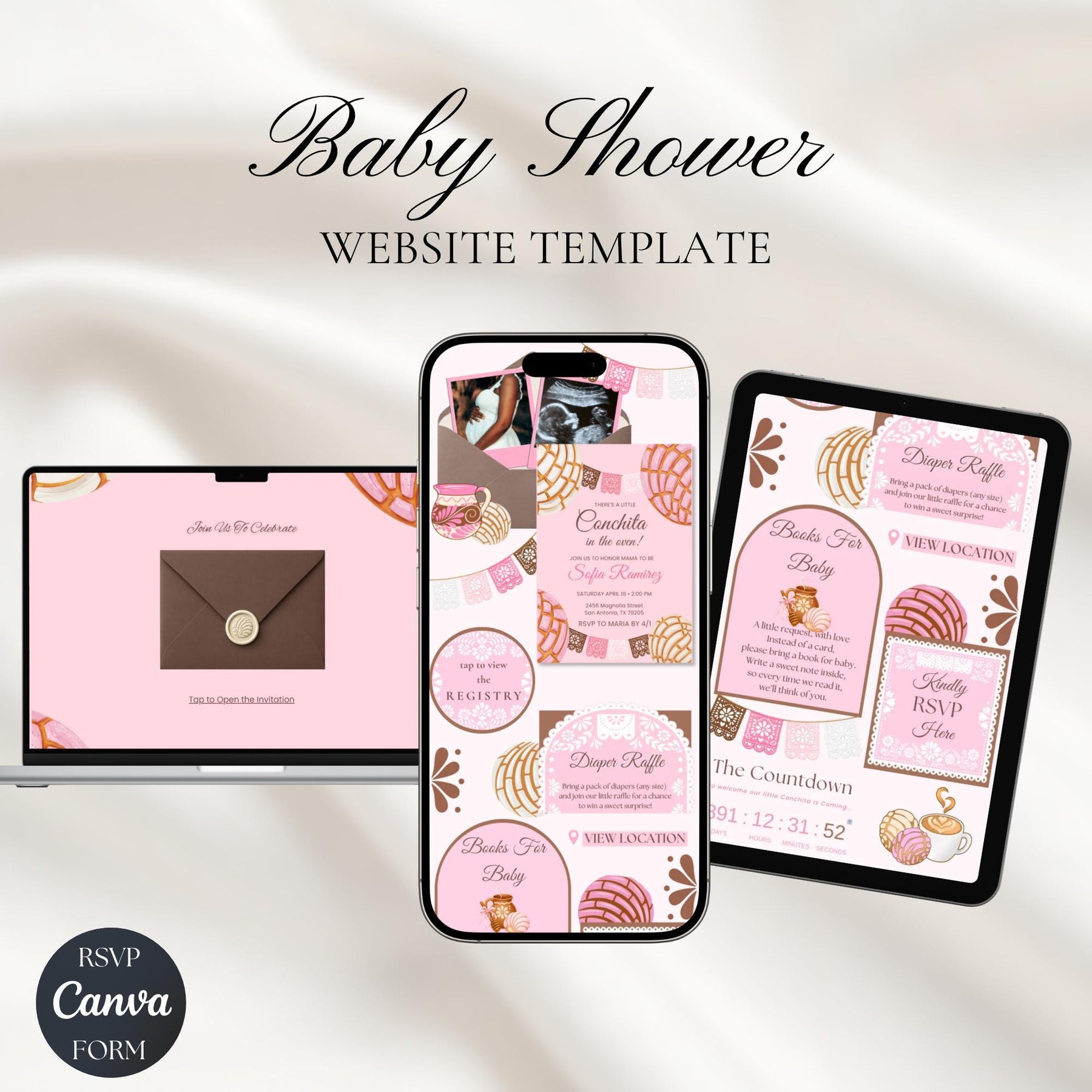 Concha Baby Shower Invitation Website | Little Conchita Mexican Baby Shower Invite | Editable Canva Template with RSVP | Digital Download