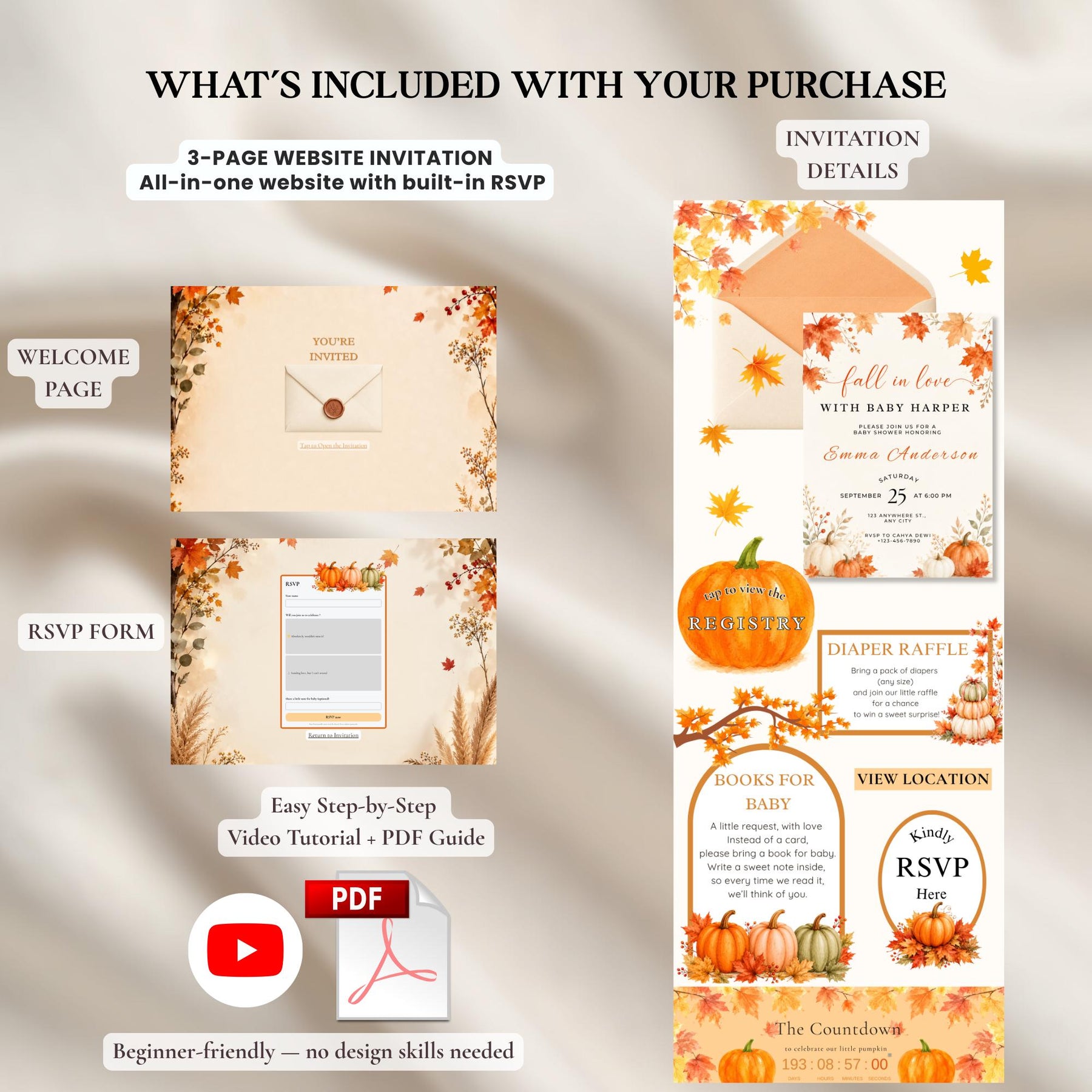 Fall Baby Shower Invitation Template, Falling in Love with Baby Shower, Autumn Baby Shower Invitation, Editable Canva Website Invite