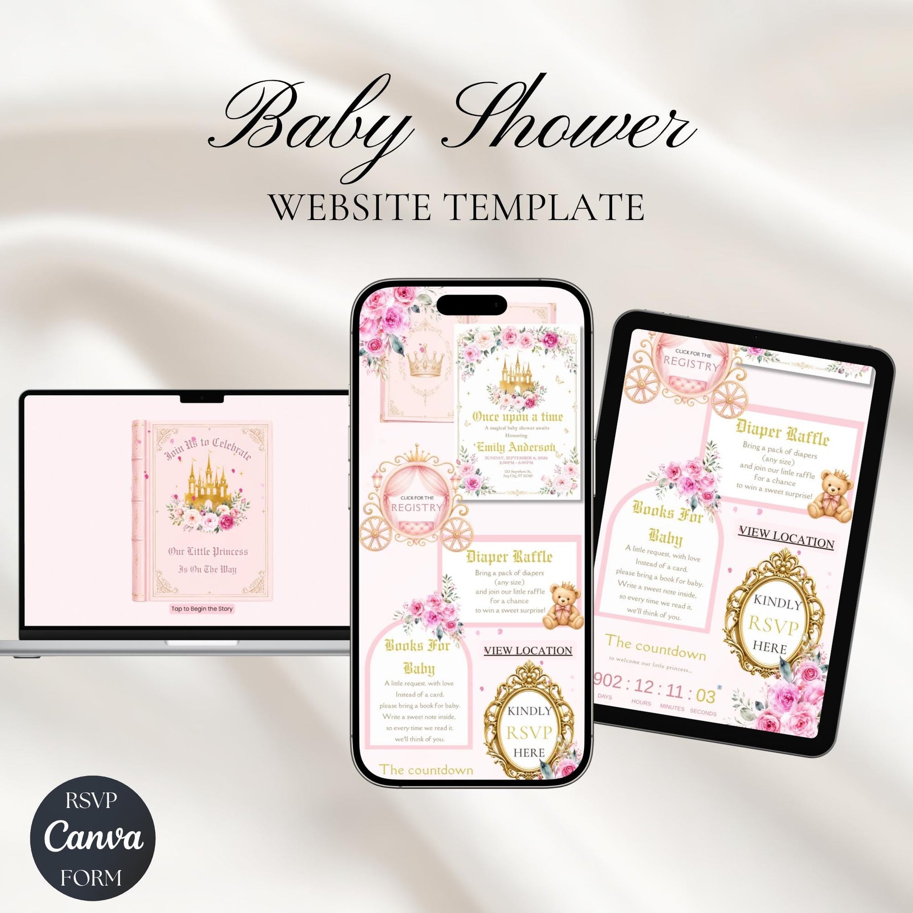 Once Upon a Time Baby Shower Invitation for Girl | Princess Storybook Baby Shower Website Invitation with RSVP | Editable Canva Template