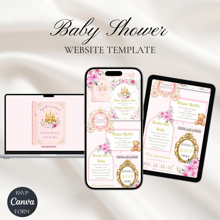 Once Upon a Time Baby Shower Invitation for Girl | Princess Storybook Baby Shower Website Invitation with RSVP | Editable Canva Template