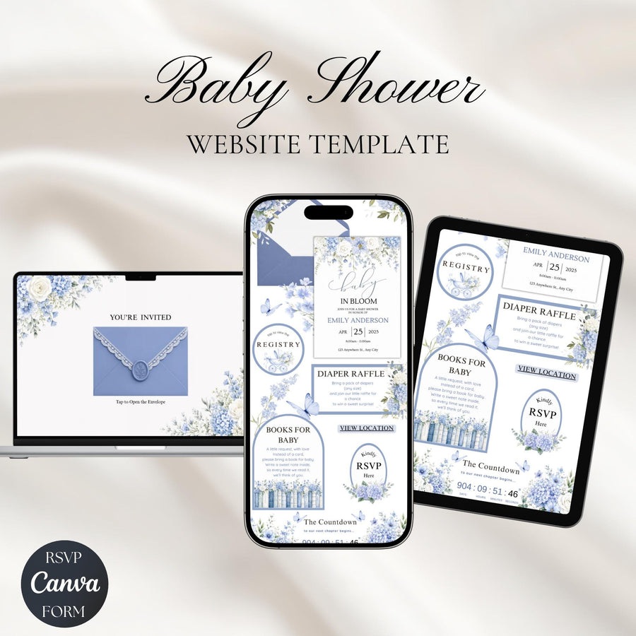 Dusty Blue Baby in Bloom Baby Shower Invitation | Editable Baby Boy Website Invite with RSVP | Canva Template