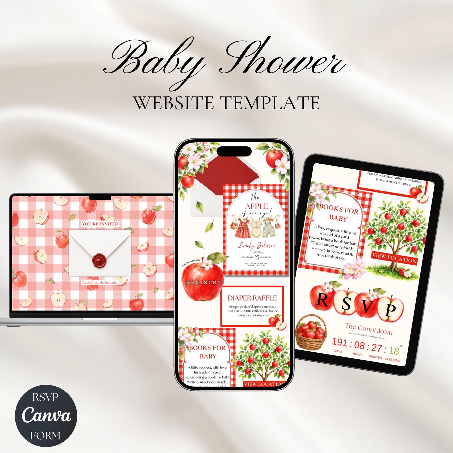 The Apple of Our Eye Baby Shower Invitation Template | Editable Apple Theme Canva Invite | Website Invitation with RSVP