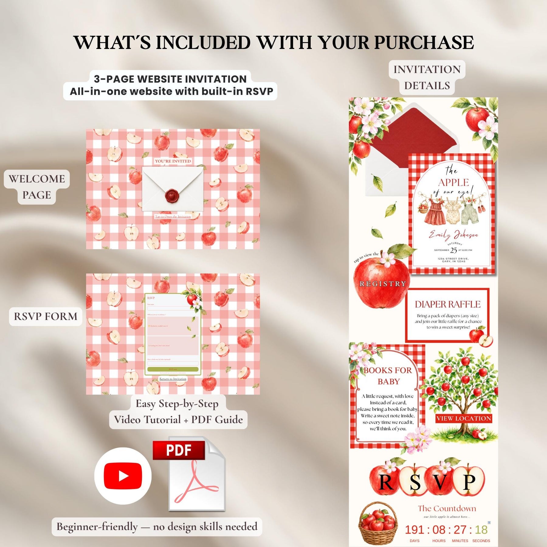 The Apple of Our Eye Baby Shower Invitation Template | Editable Apple Theme Canva Invite | Website Invitation with RSVP