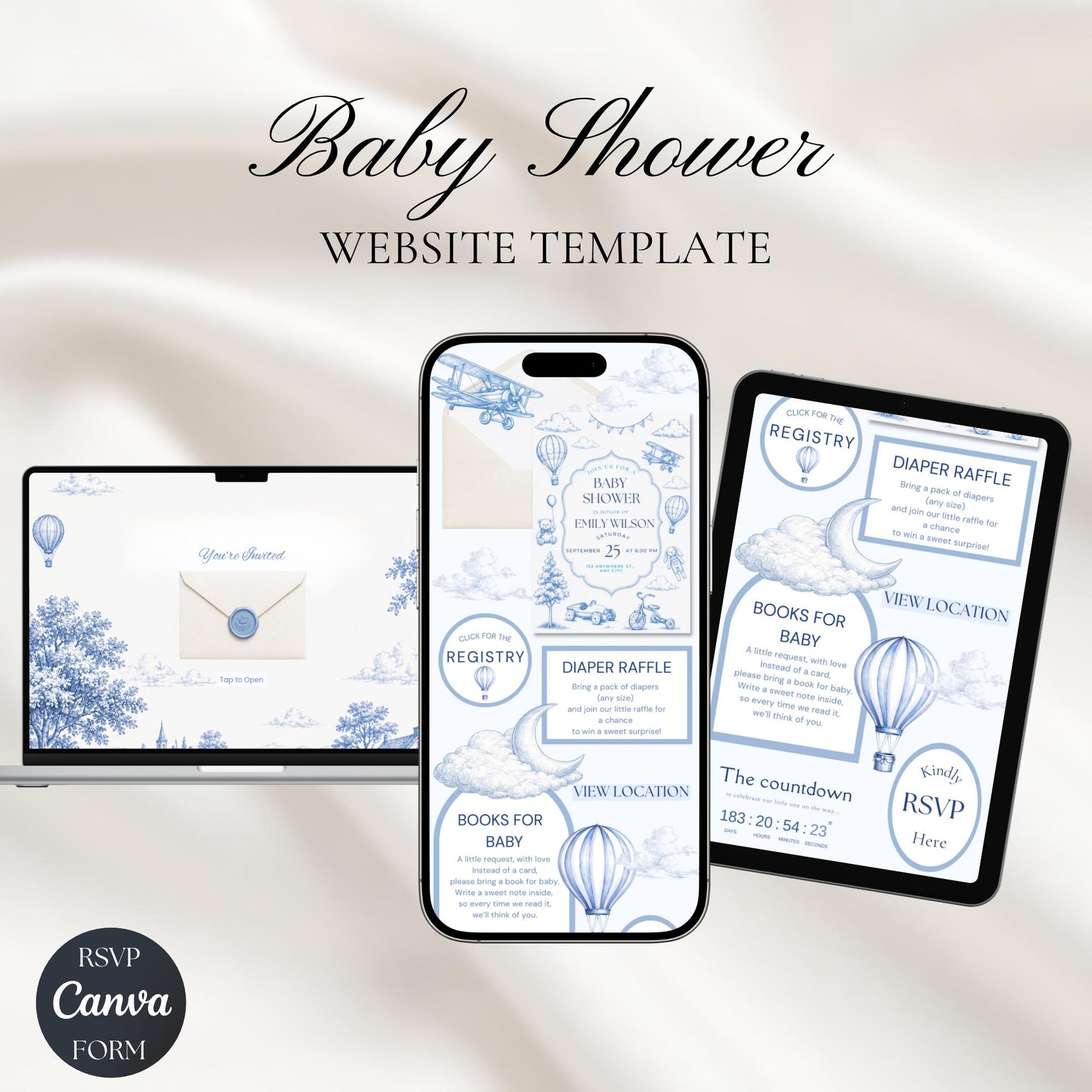 Blue Toile De Jouy Baby Shower Invitation | Elegant French Toile Canva Template | Website Invitation with RSVP