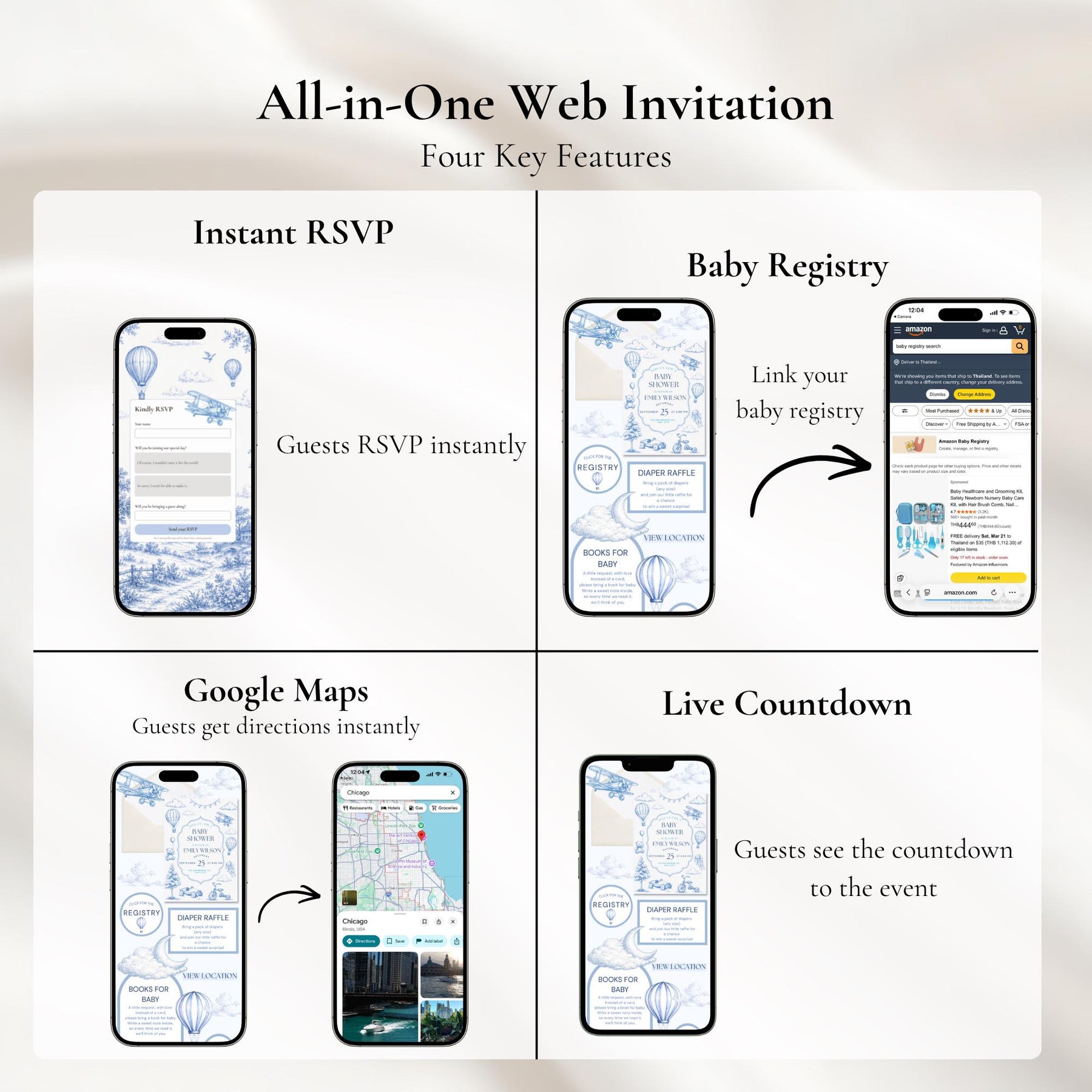 Blue Toile De Jouy Baby Shower Invitation | Elegant French Toile Canva Template | Website Invitation with RSVP