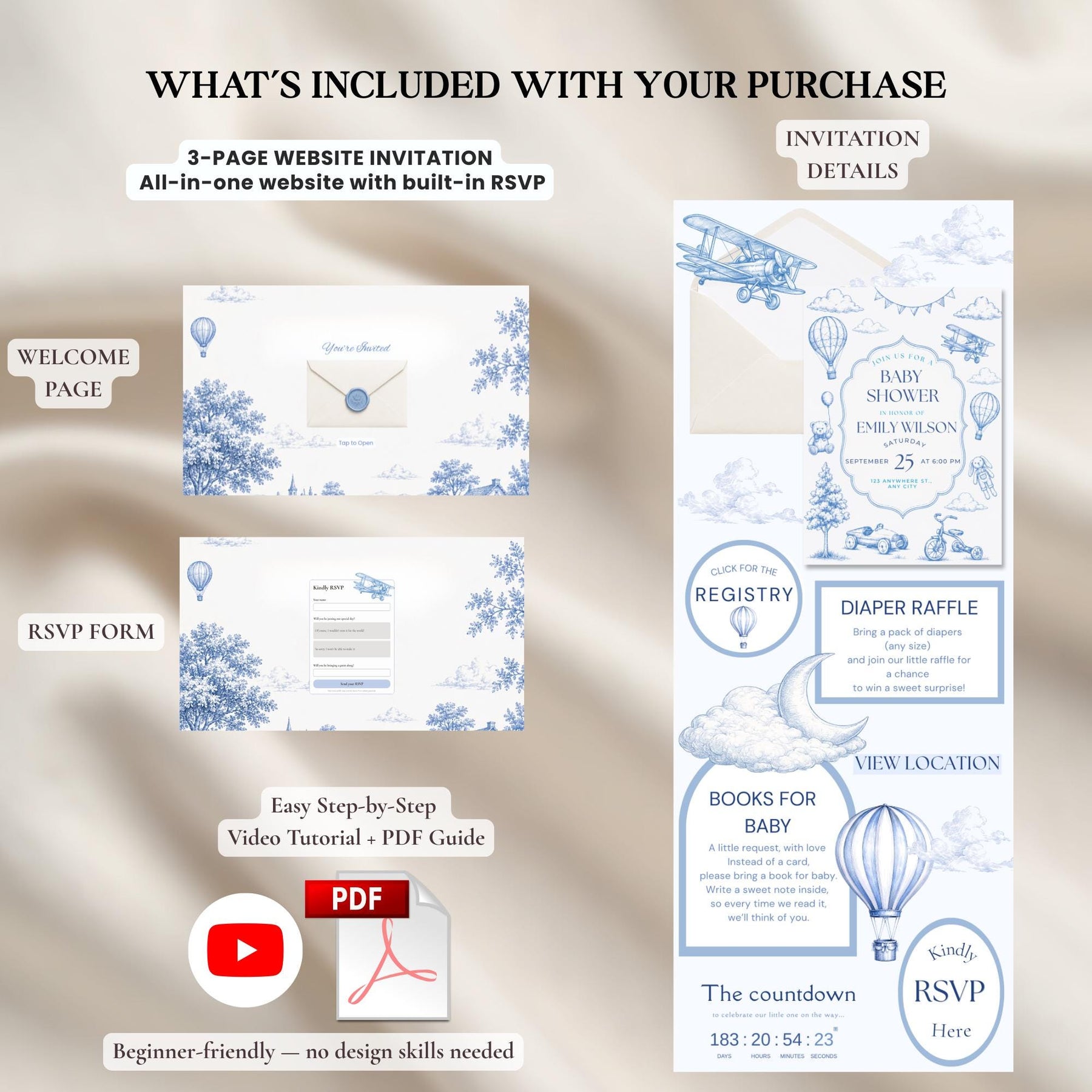 Blue Toile De Jouy Baby Shower Invitation | Elegant French Toile Canva Template | Website Invitation with RSVP