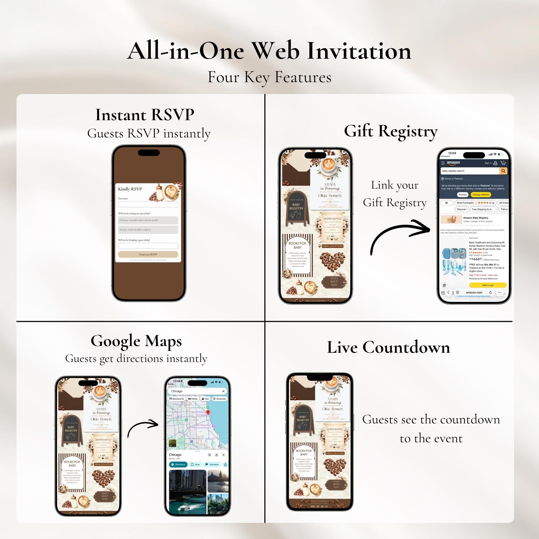 Coffee Baby Shower Invitation Website Template | A Baby Is Brewing Baby Shower Invitation | Editable Canva Website Invitation